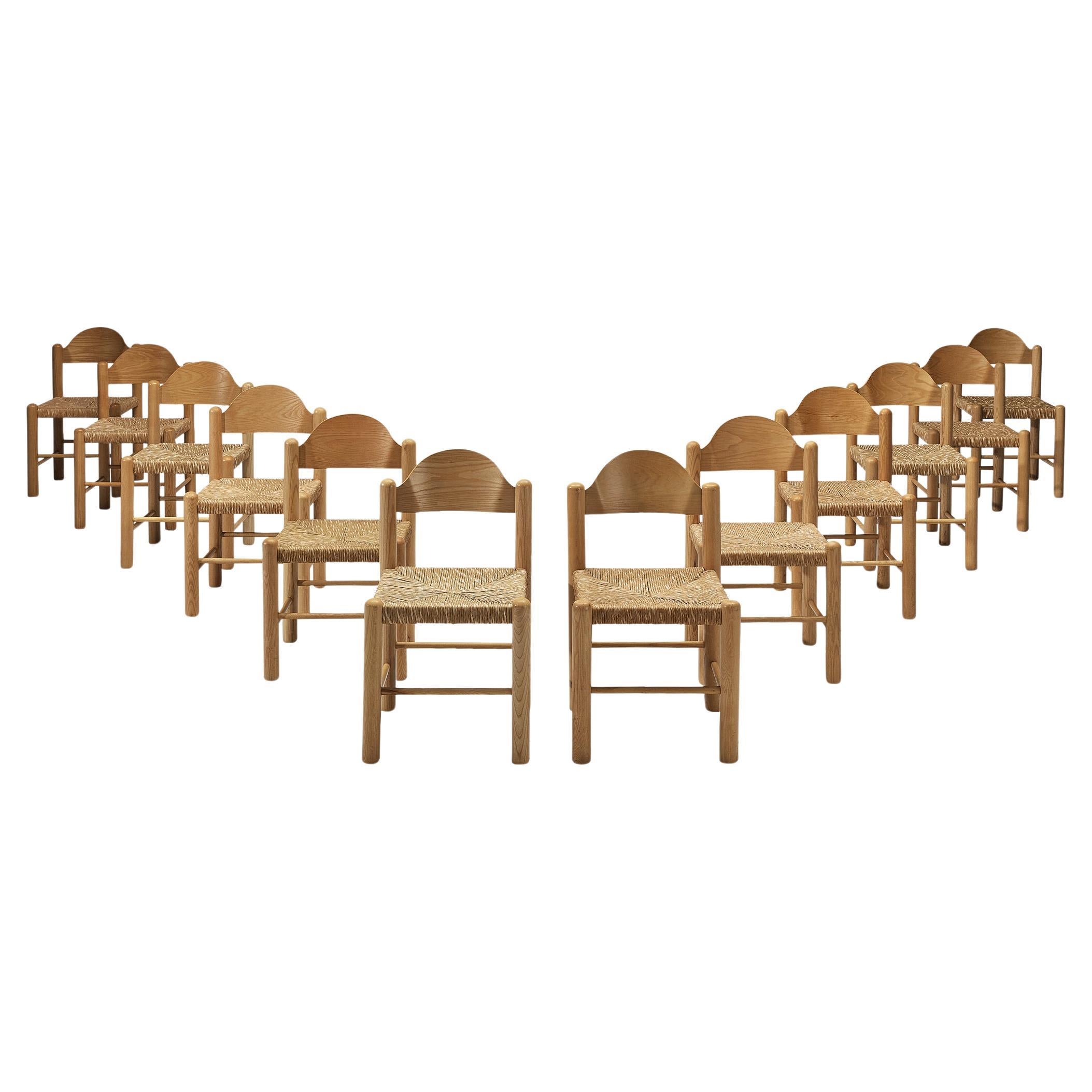 Italian Set of Twelve Dining Chairs in Ash with Rush Seats 