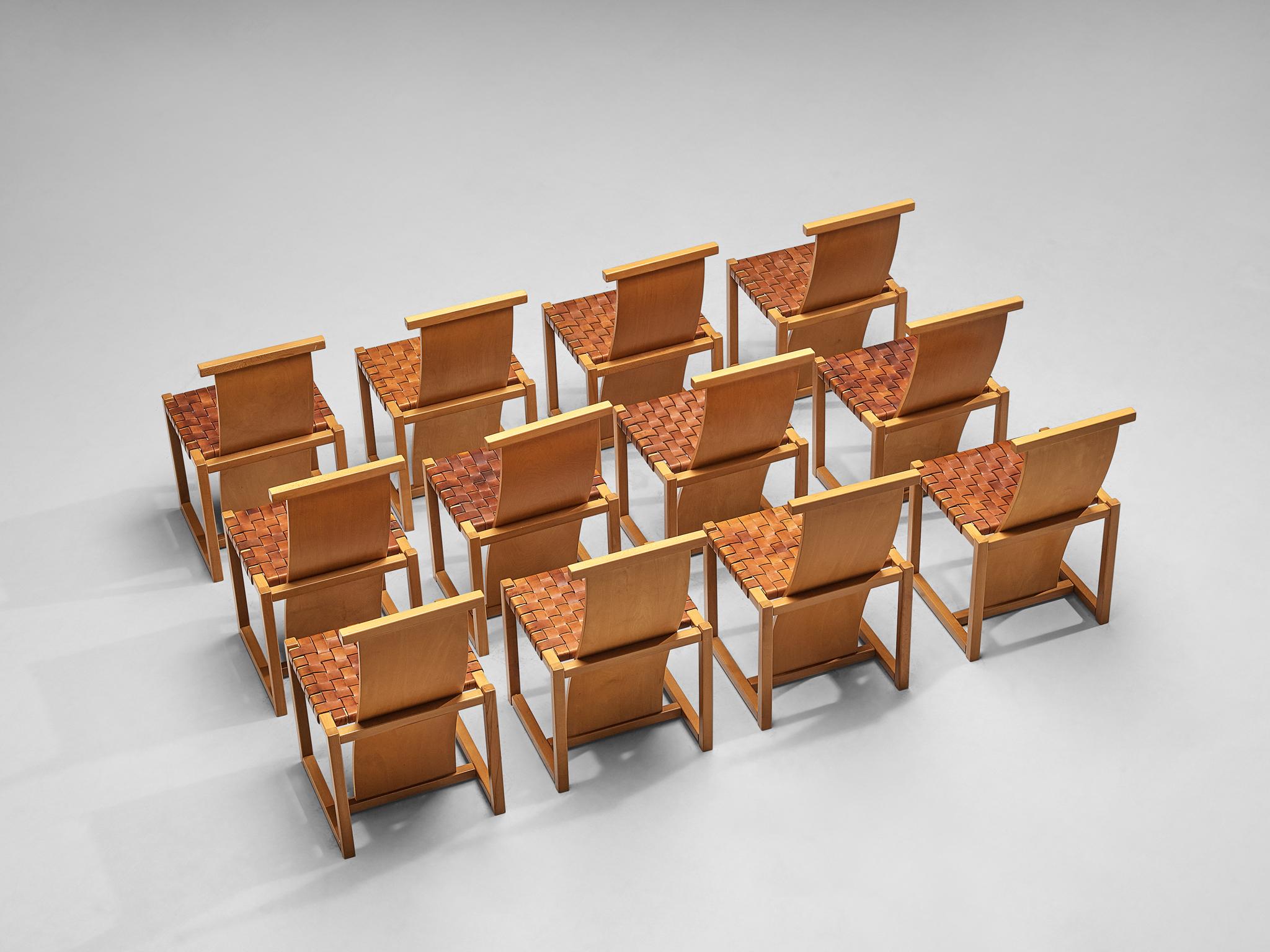 Late 20th Century Italian Set of Twelve Dining Chairs with Woven Leather Seats For Sale