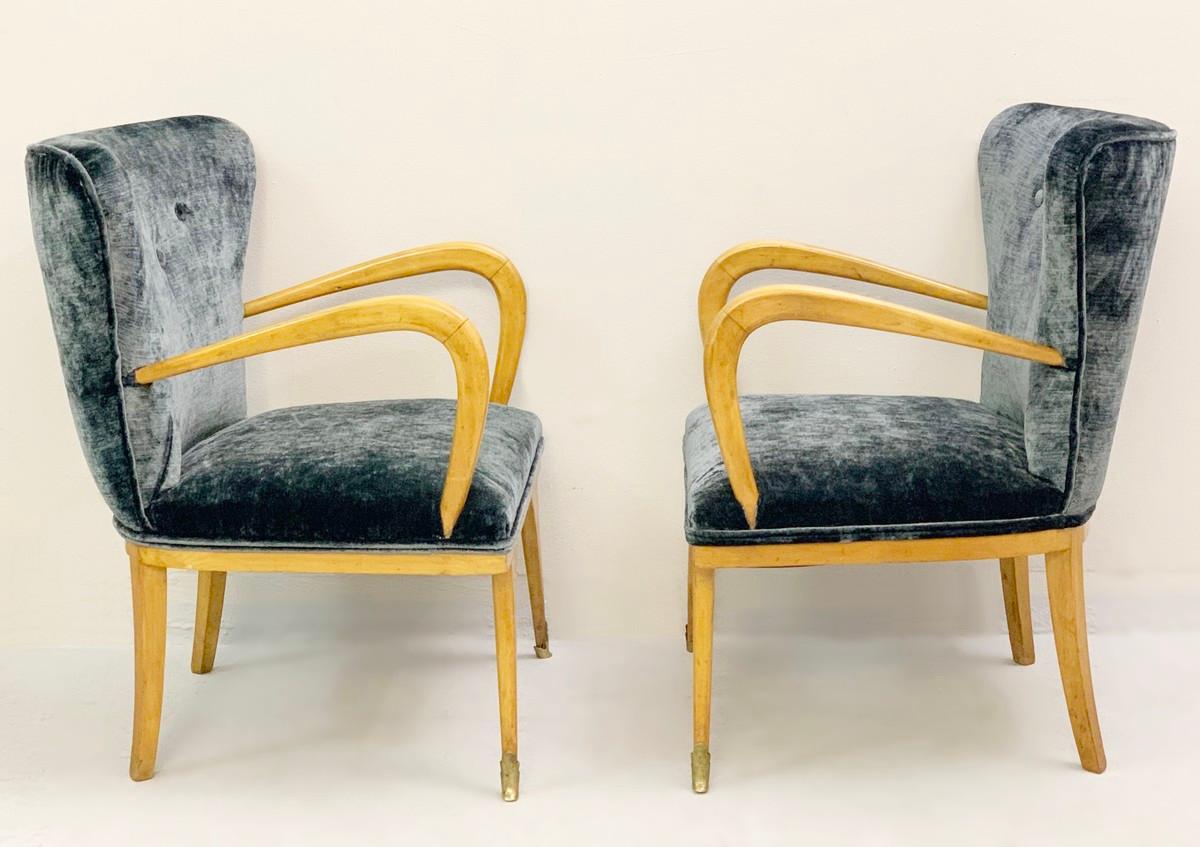 Mid-Century Modern Italian Set of Two Armchairs and a Bench, New Velvet Upholstery
