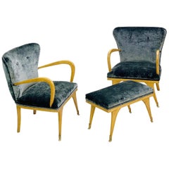 Italian Set of Two Armchairs and a Bench, New Velvet Upholstery