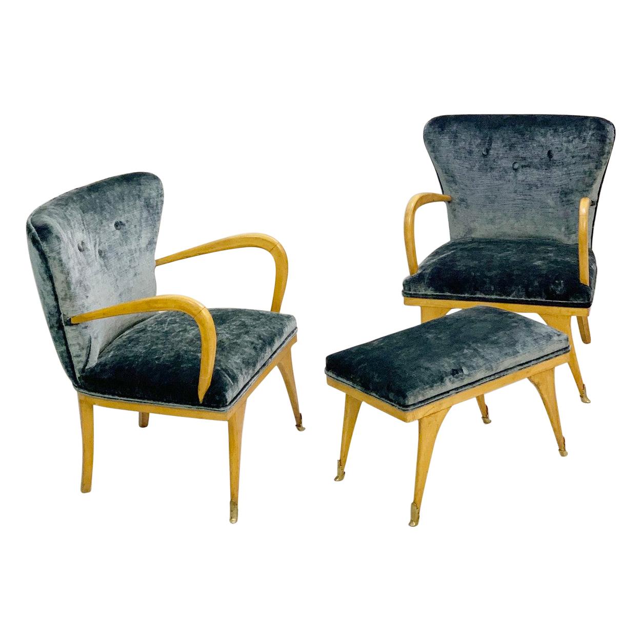 Italian Set of Two Armchairs and a Bench, New Velvet Upholstery