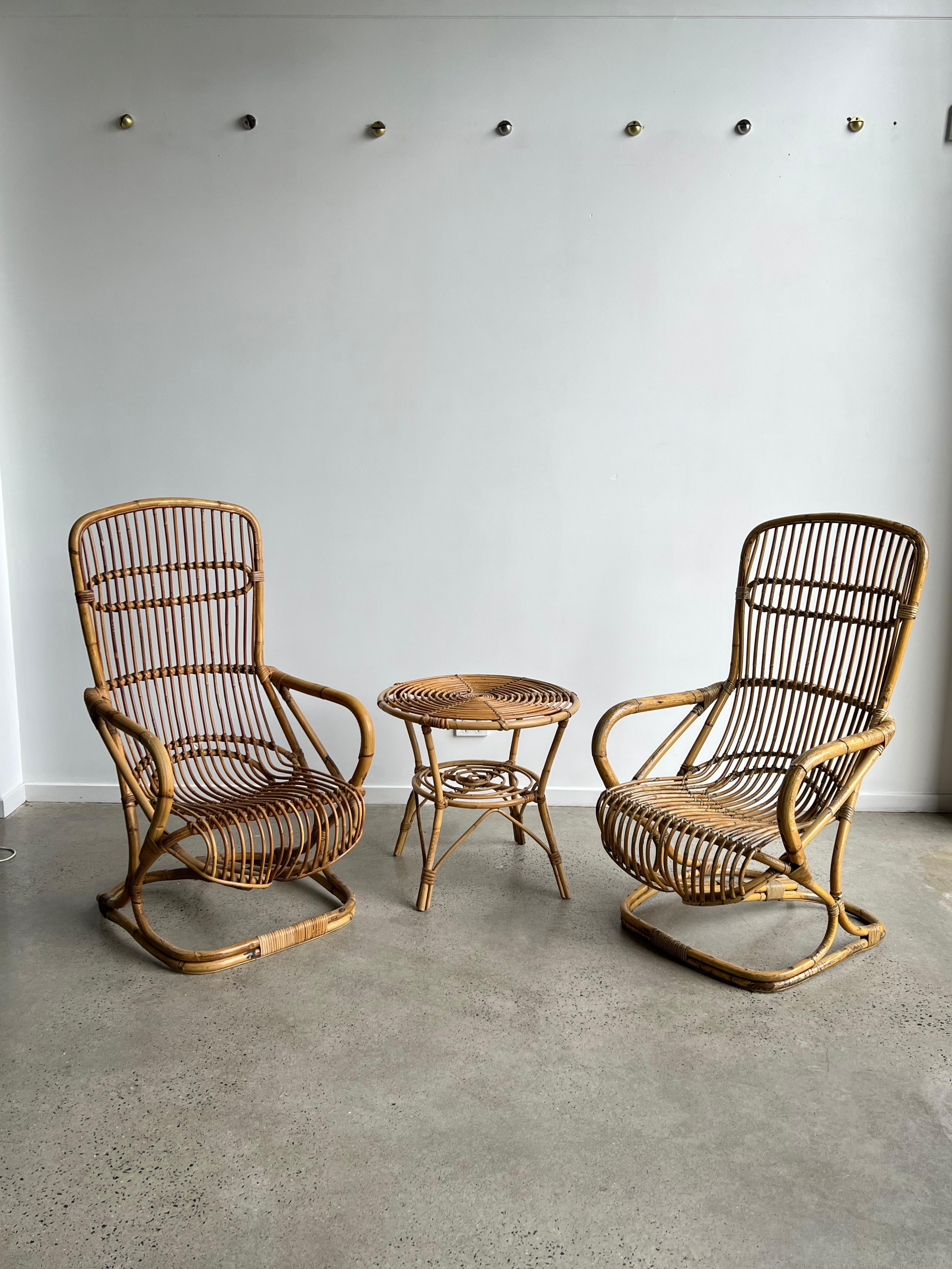 Italian Set of Two Chairs and One Side Table in Bamboo by Tito Agnoli 1960s 1