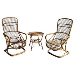 Italian Set of Two Chairs and One Side Table in Bamboo by Tito Agnoli 1960s