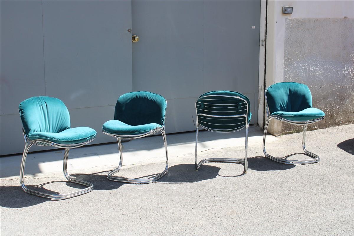Italian Sets Chairs Metal Chrome Green Velvet Giorgio Rinaldi for Rima Sabrina  For Sale 6