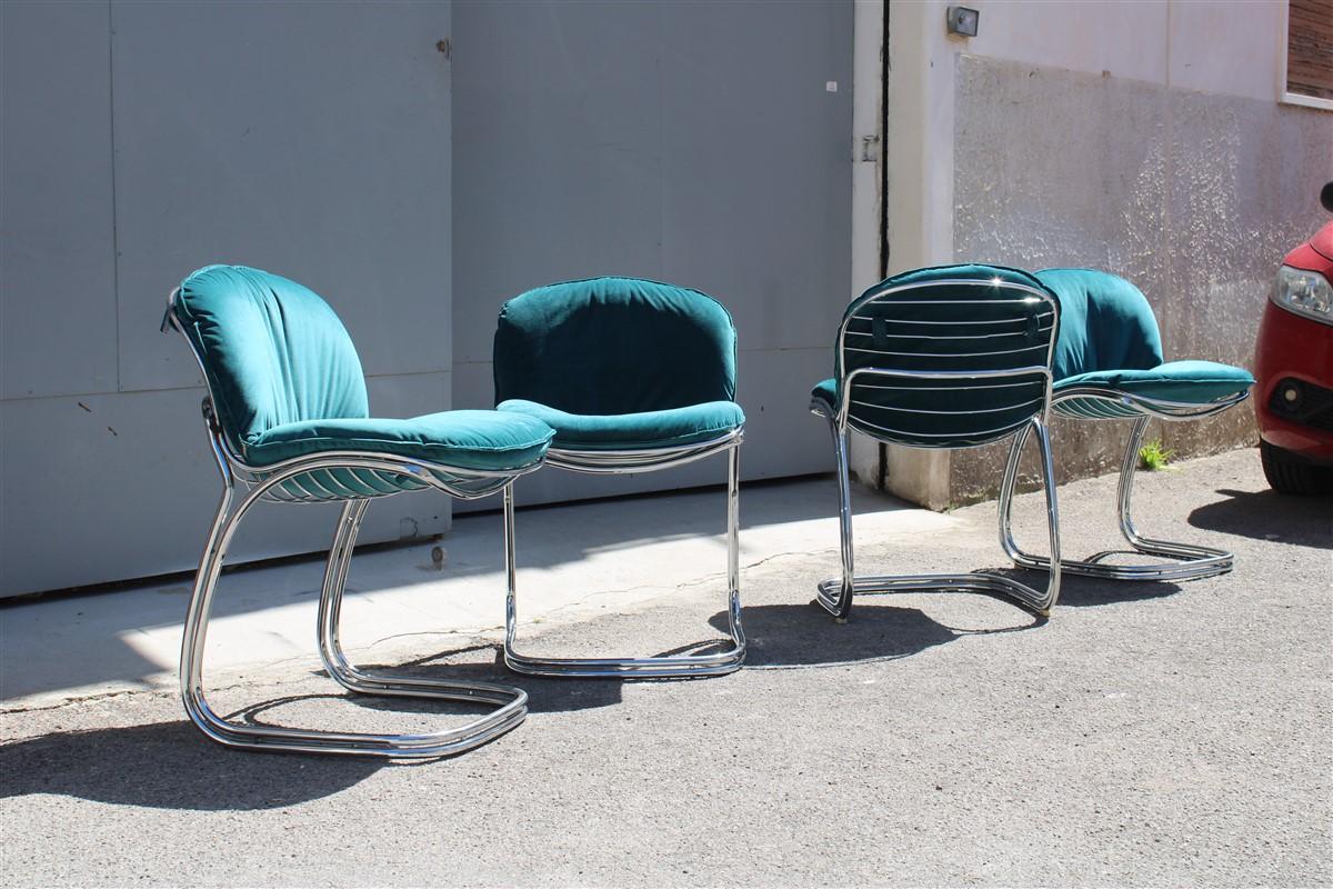 Italian Sets Chairs Metal Chrome Green Velvet Giorgio Rinaldi for Rima Sabrina  For Sale 7