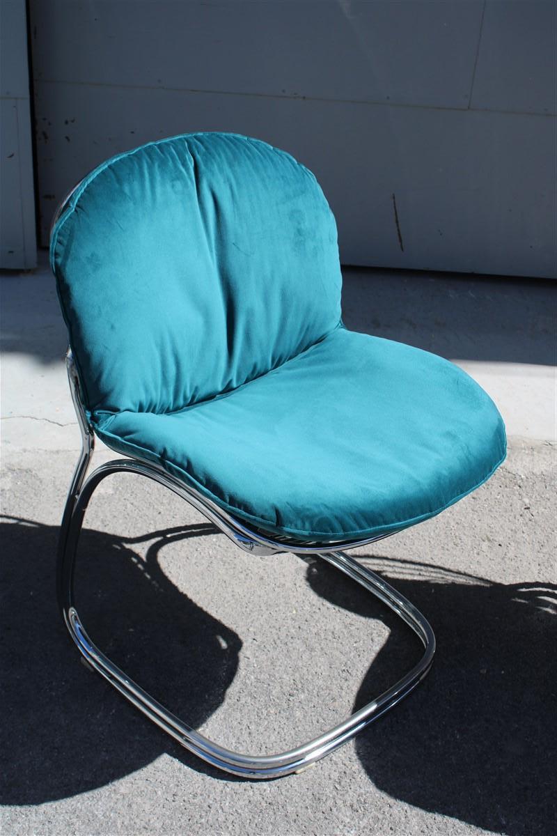 Mid-Century Modern Italian Sets Chairs Metal Chrome Green Velvet Giorgio Rinaldi for Rima Sabrina  For Sale