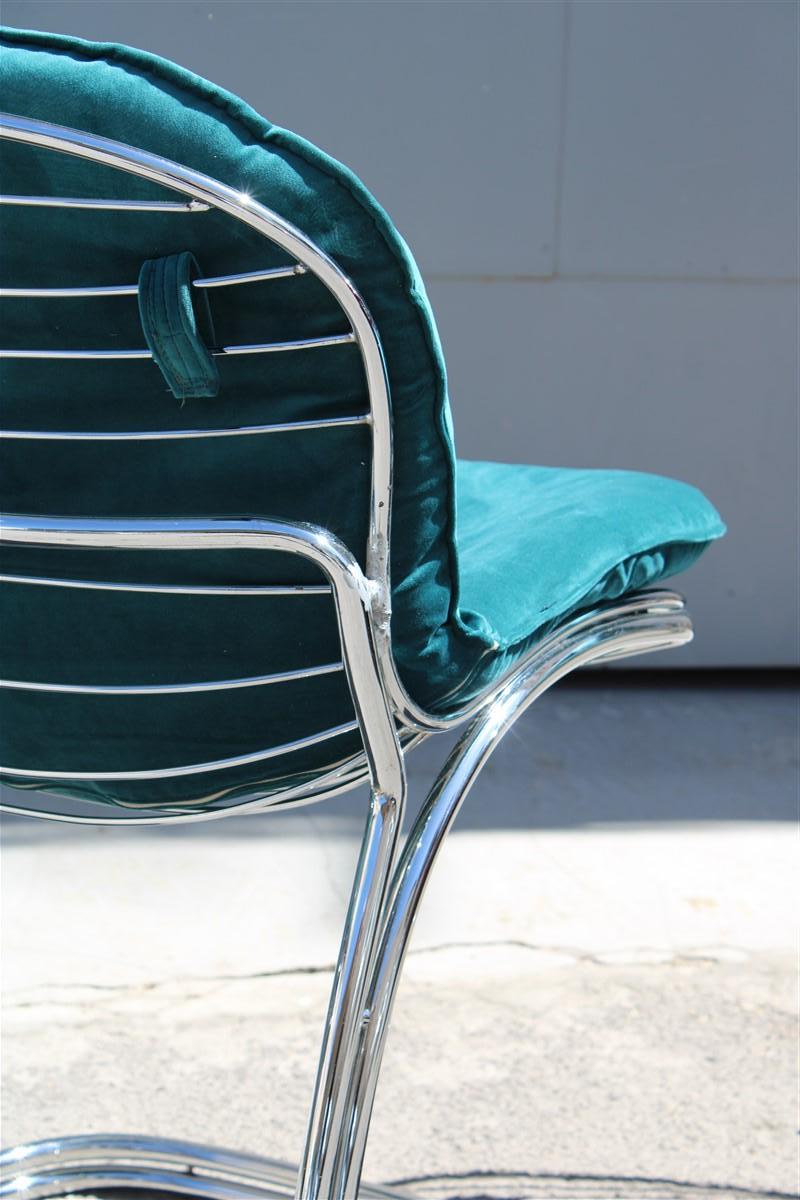 Late 20th Century Italian Sets Chairs Metal Chrome Green Velvet Giorgio Rinaldi for Rima Sabrina  For Sale