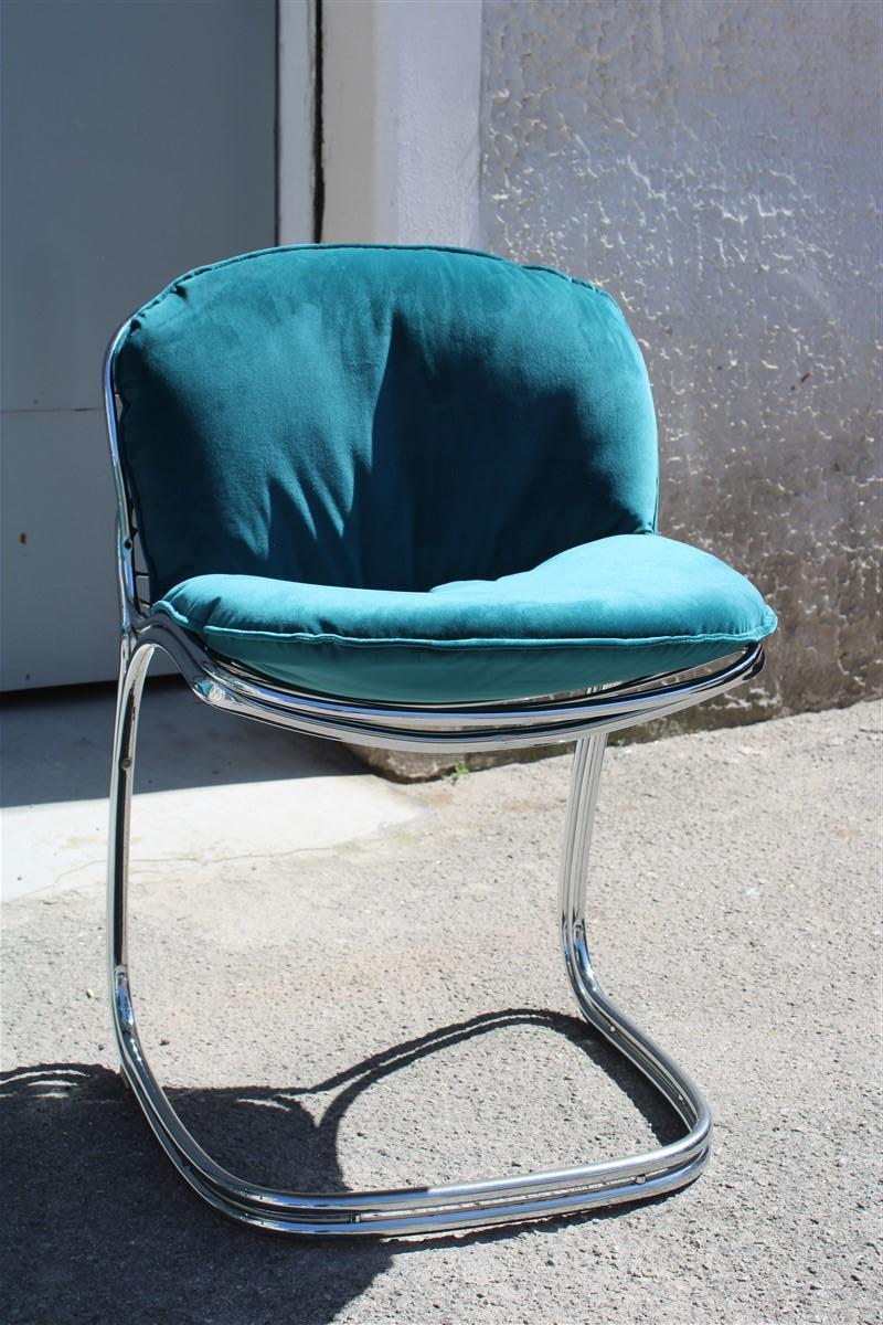 Italian Sets Chairs Metal Chrome Green Velvet Giorgio Rinaldi for Rima Sabrina  For Sale 1