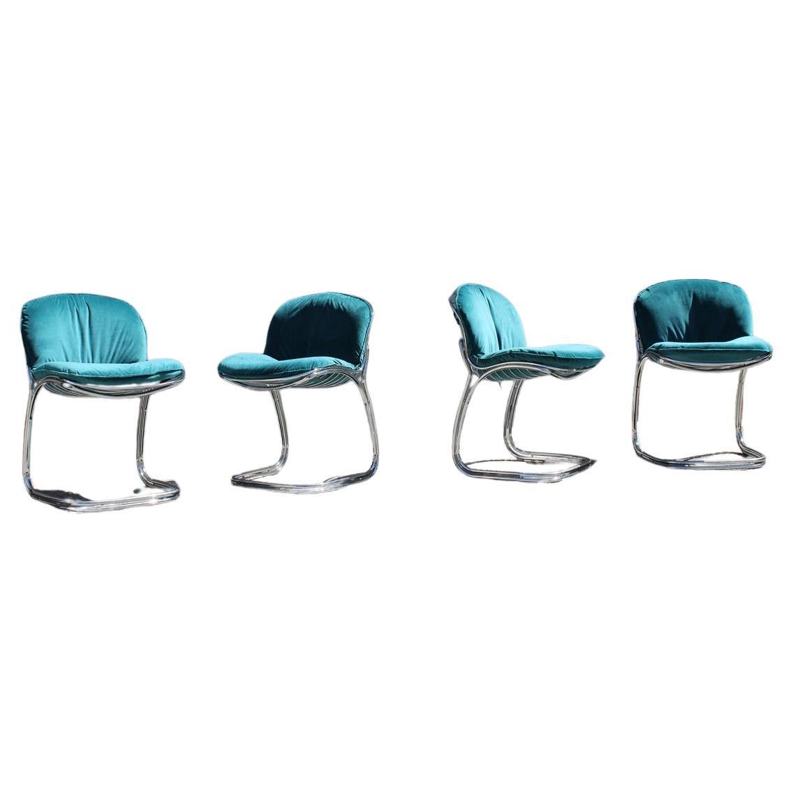 Italian Sets Chairs Metal Chrome Green Velvet Giorgio Rinaldi for Rima Sabrina  For Sale