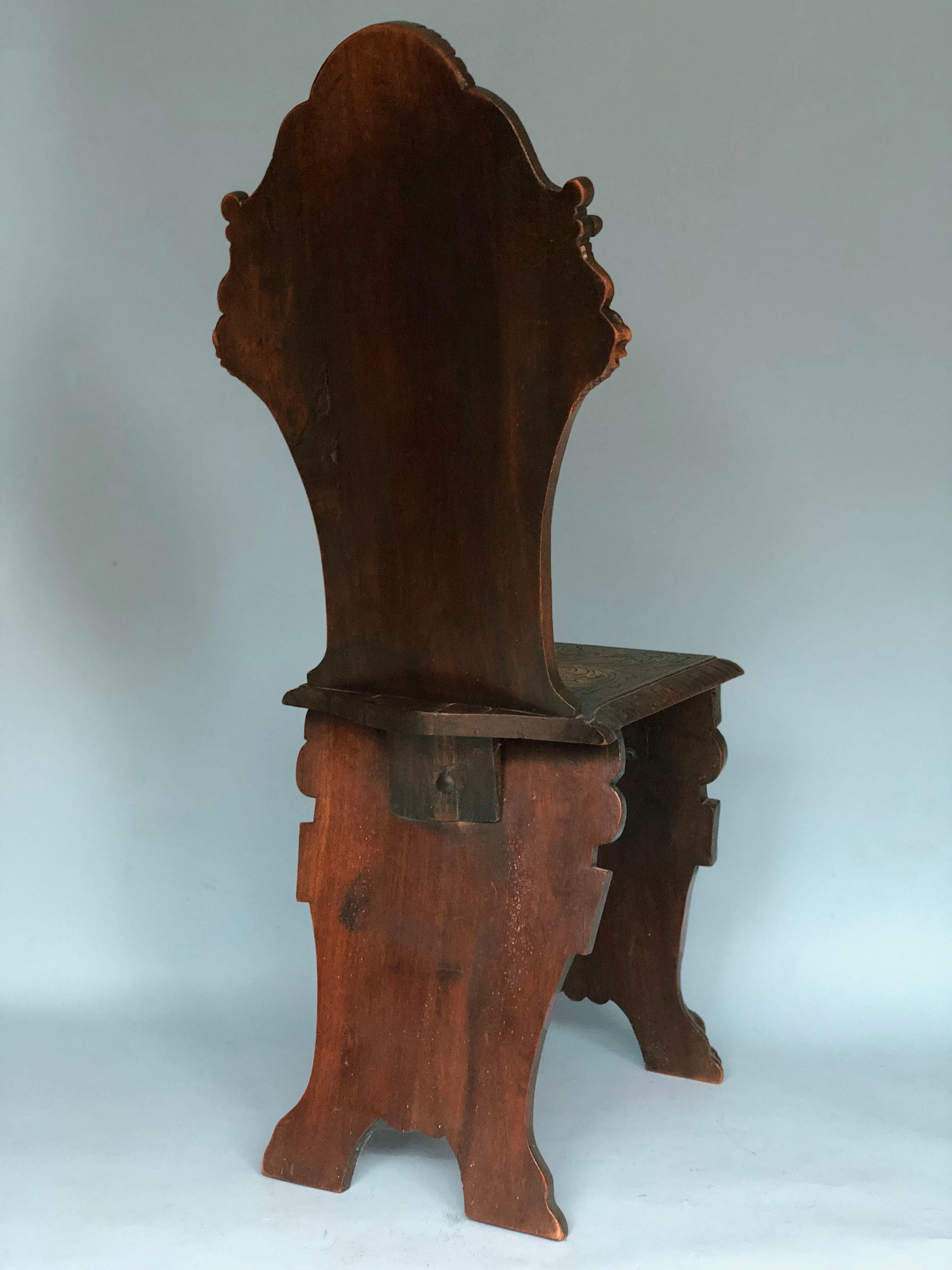 Beautiful elaborately carved walnut Sgabello chair late 19th century. The form originated in Renaissance Italy, and its popularity spread throughout Europe in the sixteenth and seventeenth centuries.

Sgabello were typically made of walnut and