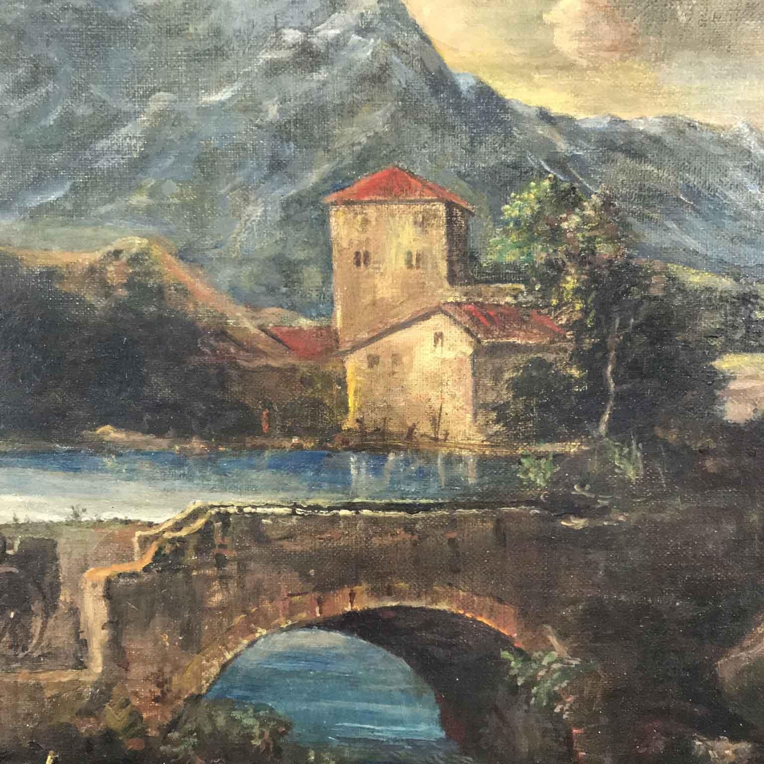 Italian Landscape Arched Overdoor Oil on Canvas Painting 1980  5