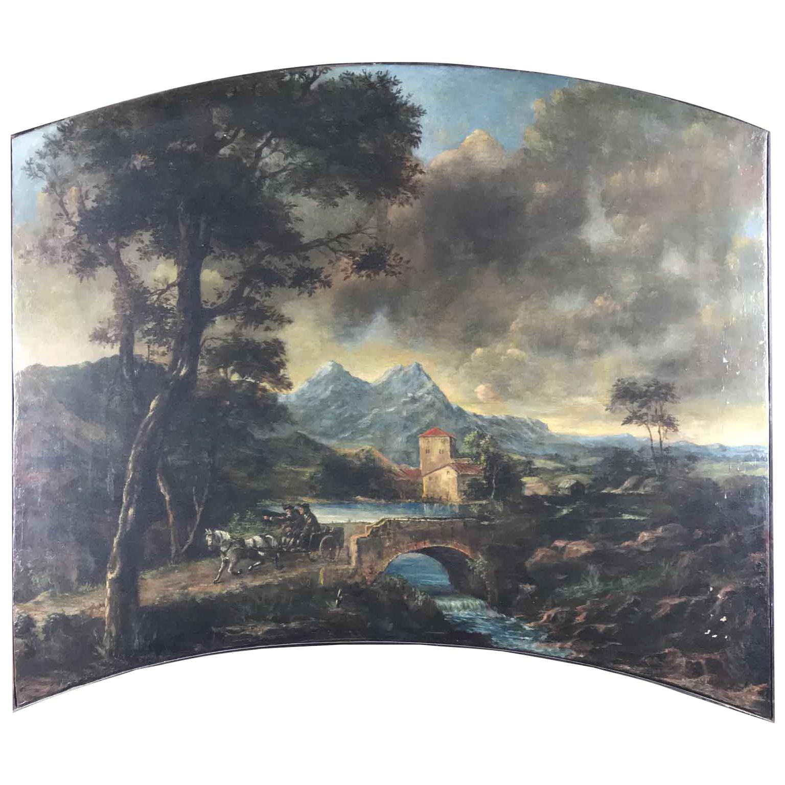 Italian Landscape Arched Overdoor Oil on Canvas Painting 1980 