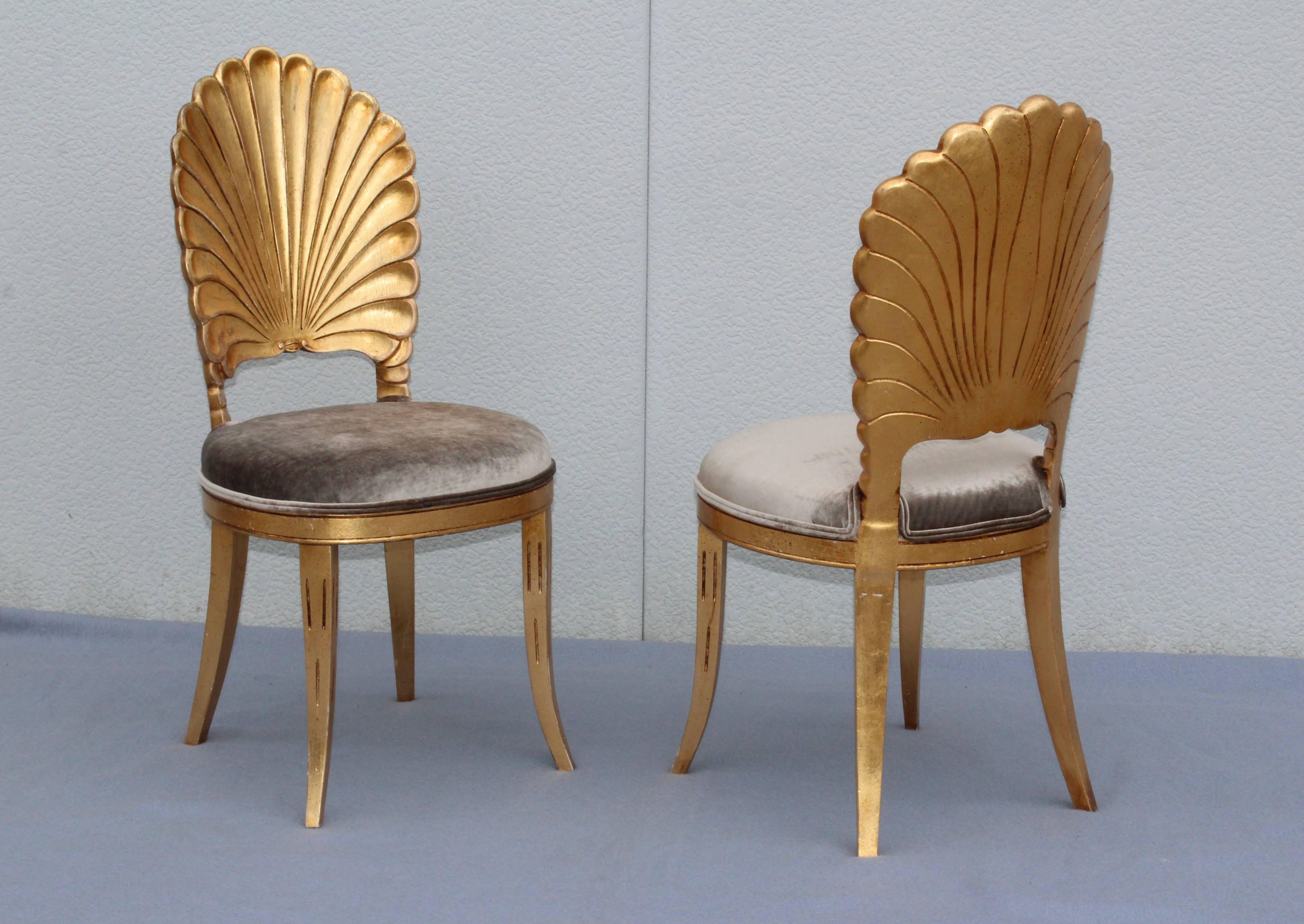Hollywood Regency Italian Shell Back Gold Leaf Side Chairs