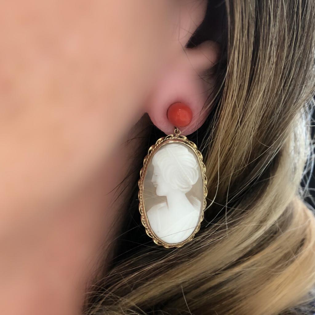 Bead Italian Shell Cameo and Coral Dangling Earrings in 14 Karat Gold For Sale