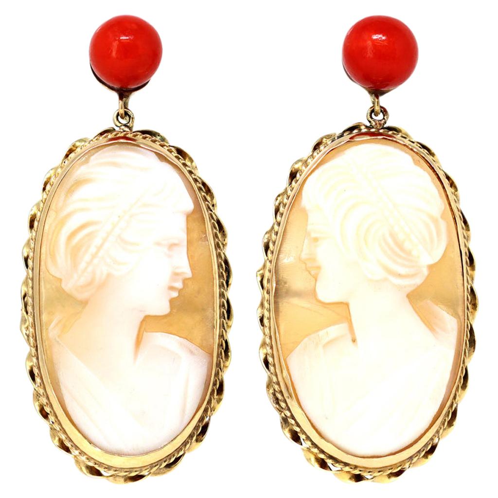 Italian Shell Cameo and Coral Dangling Earrings in 14 Karat Gold For Sale