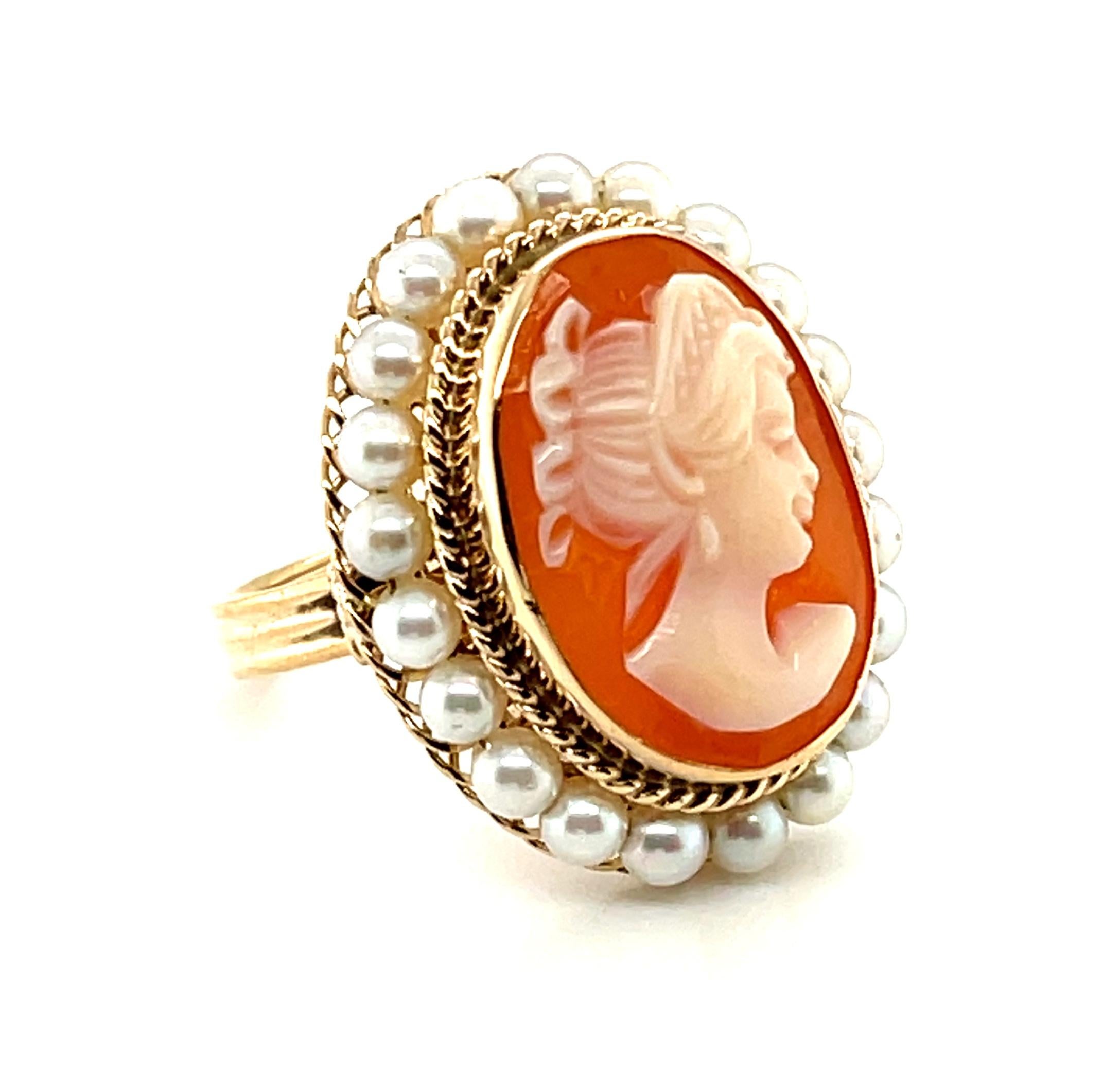 Artisan Italian Shell Cameo and Seed Pearl Ring in 14k Yellow Gold For Sale