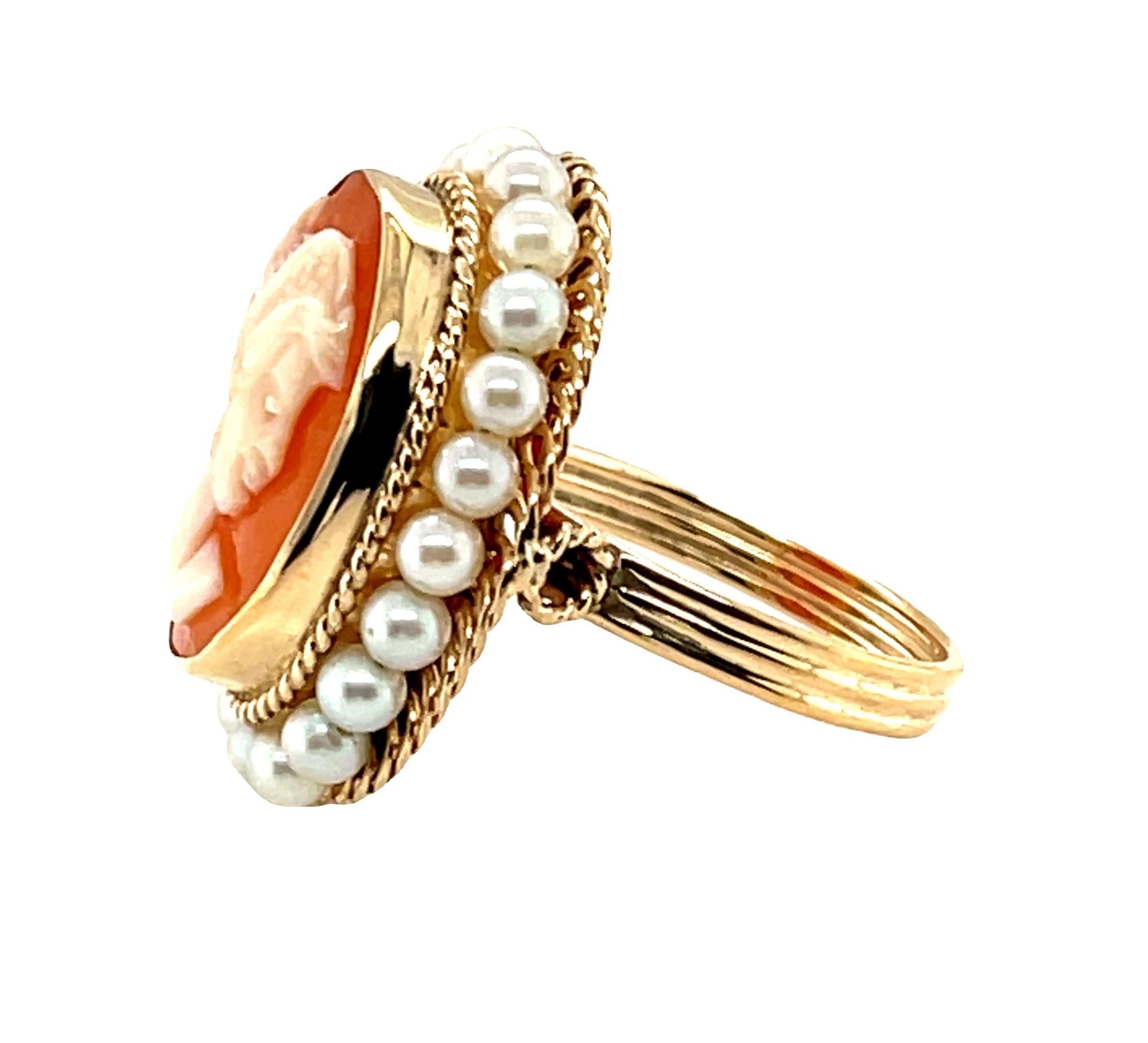 Women's Italian Shell Cameo and Seed Pearl Ring in 14k Yellow Gold For Sale