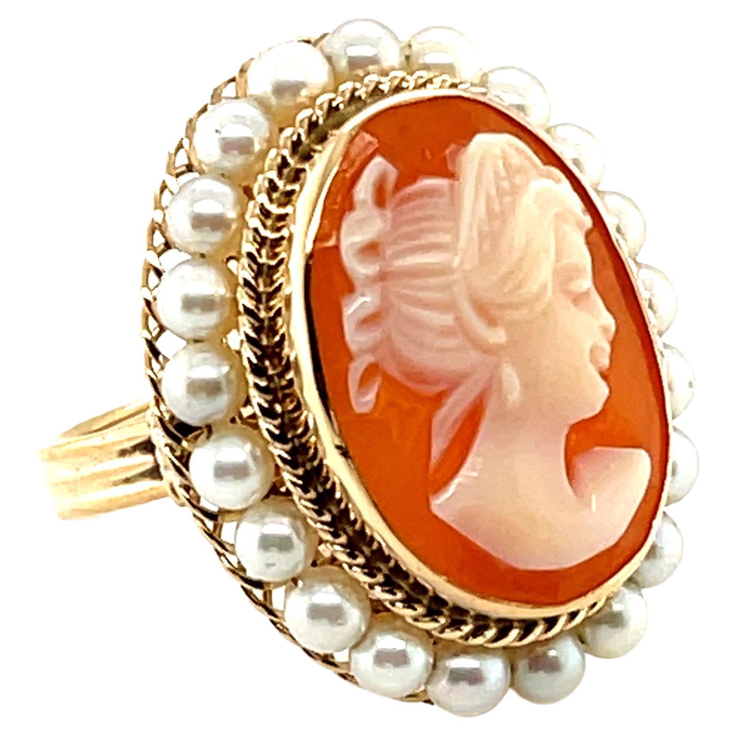 Italian Shell Cameo and Seed Pearl Ring in 14k Yellow Gold For Sale