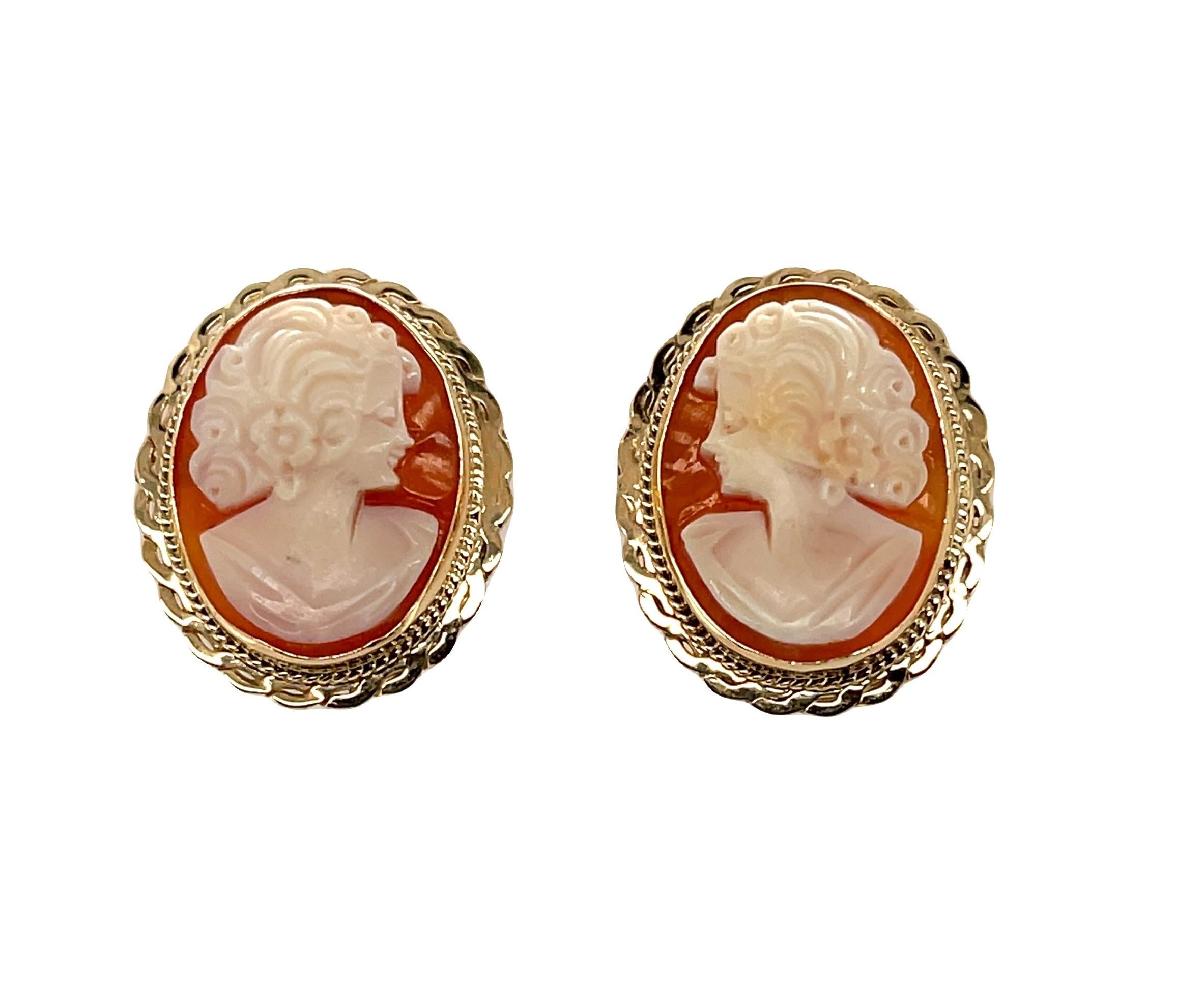These cameo earrings are timeless classics! Beautifully hand carved Italian shell cameos have been set in custom-made 14k yellow gold bezels and embellished with exquisite detail. Perfect for everyday or special occasions! Handcrafted by our Master