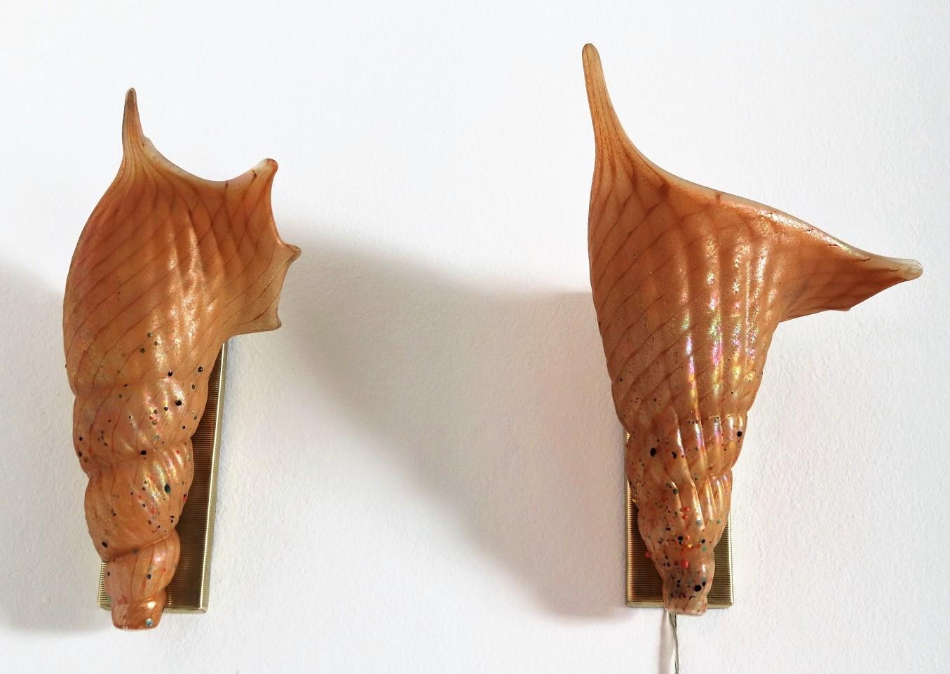 Magnificent and unique pair of Filigrana Murano glass wall sconces in the form of seashells.
Made in Italy, Murano, of excellent craftsmanship and quality during the 1960s.

The wall lights are in the shape of big shells and have different shapes