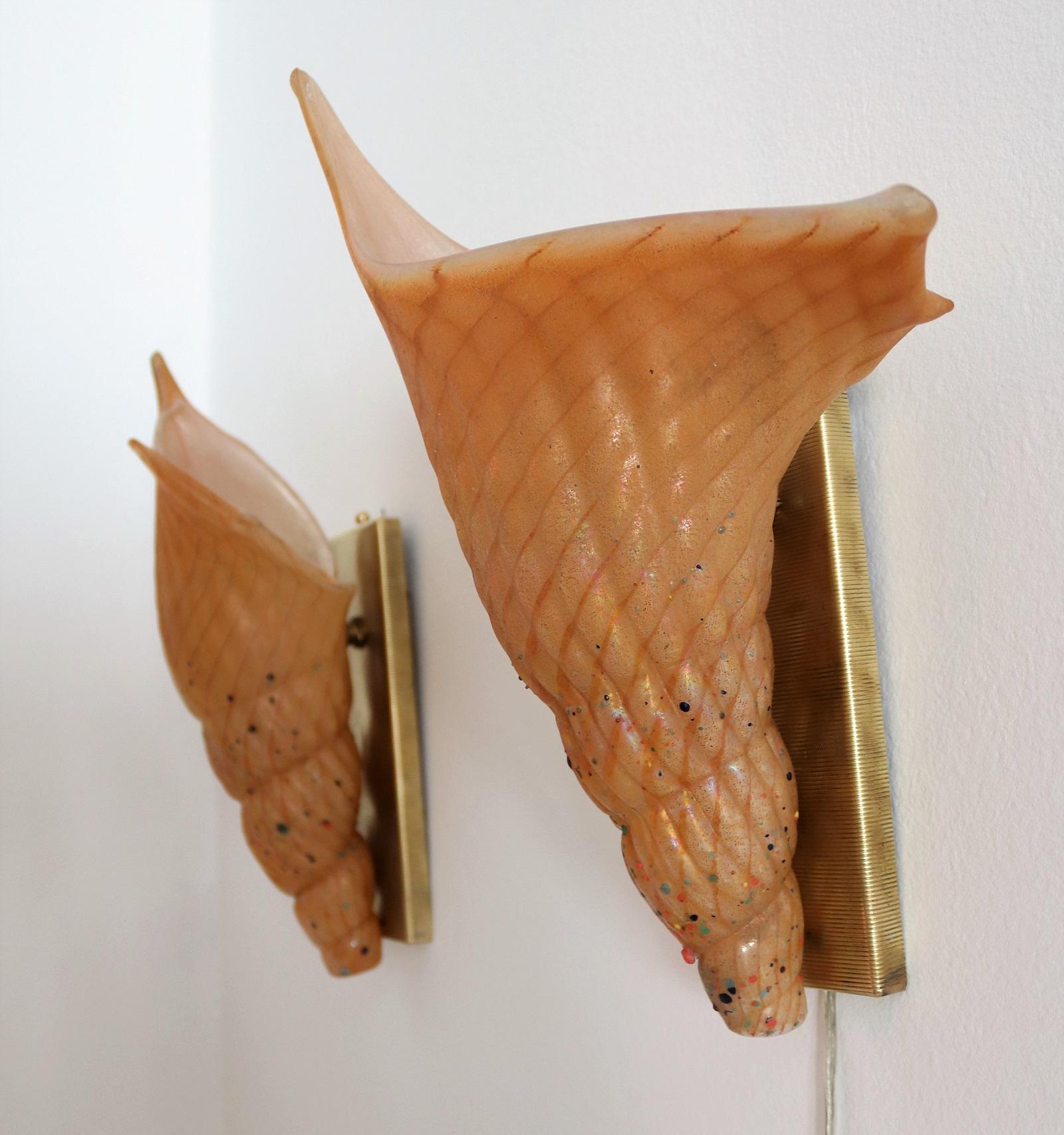 Mid-Century Modern Italian Midcentury Shell Wall Sconces in Filigrana Murano Glass, 1960s