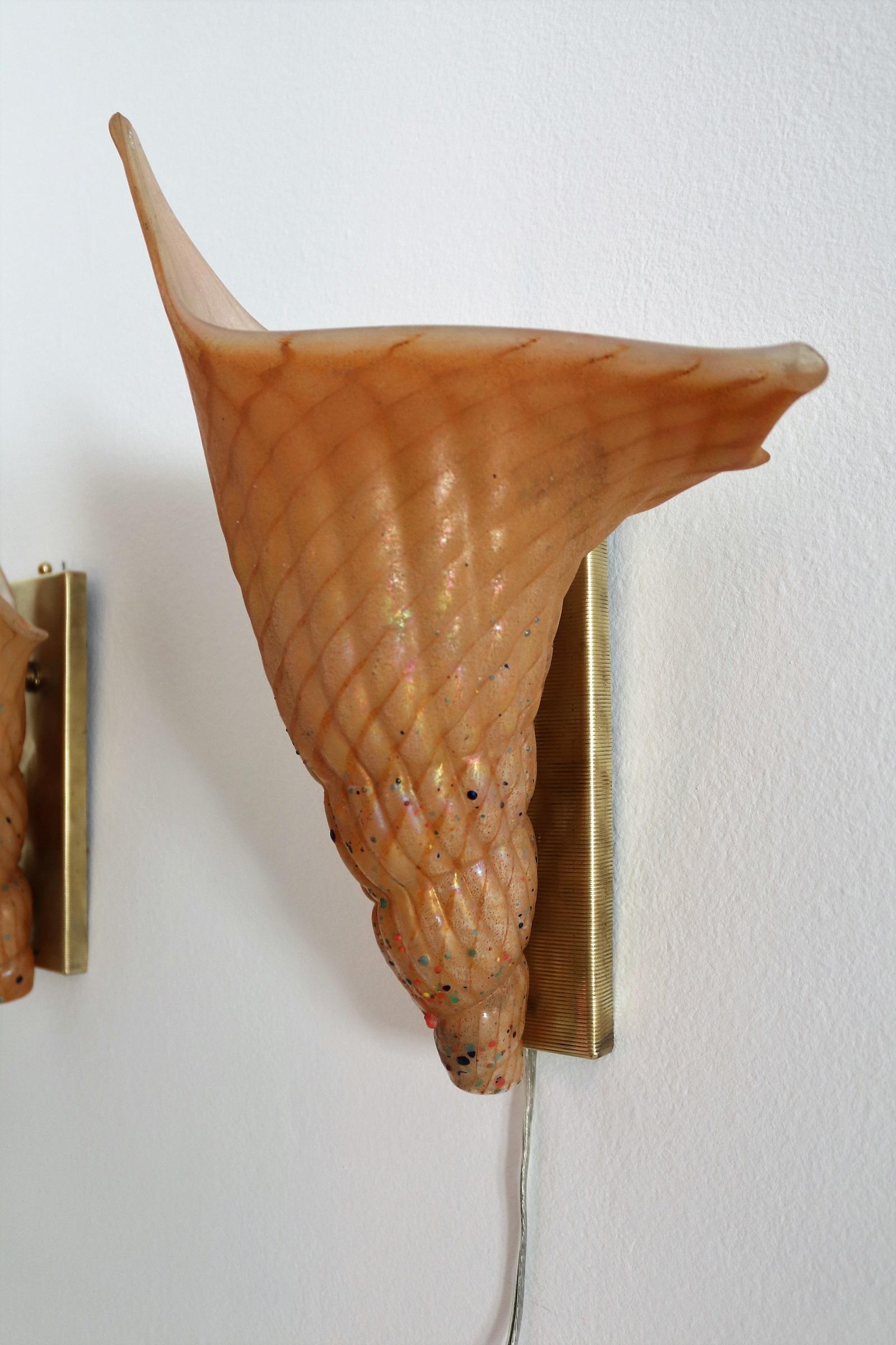 Italian Midcentury Shell Wall Sconces in Filigrana Murano Glass, 1960s In Good Condition In Morazzone, Varese