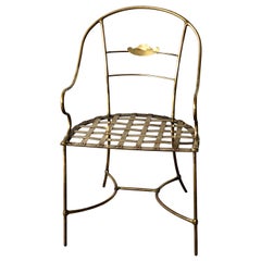 Italian Shiny Brass Art Piece Decorative Armchair with Basket Weave Design Seat