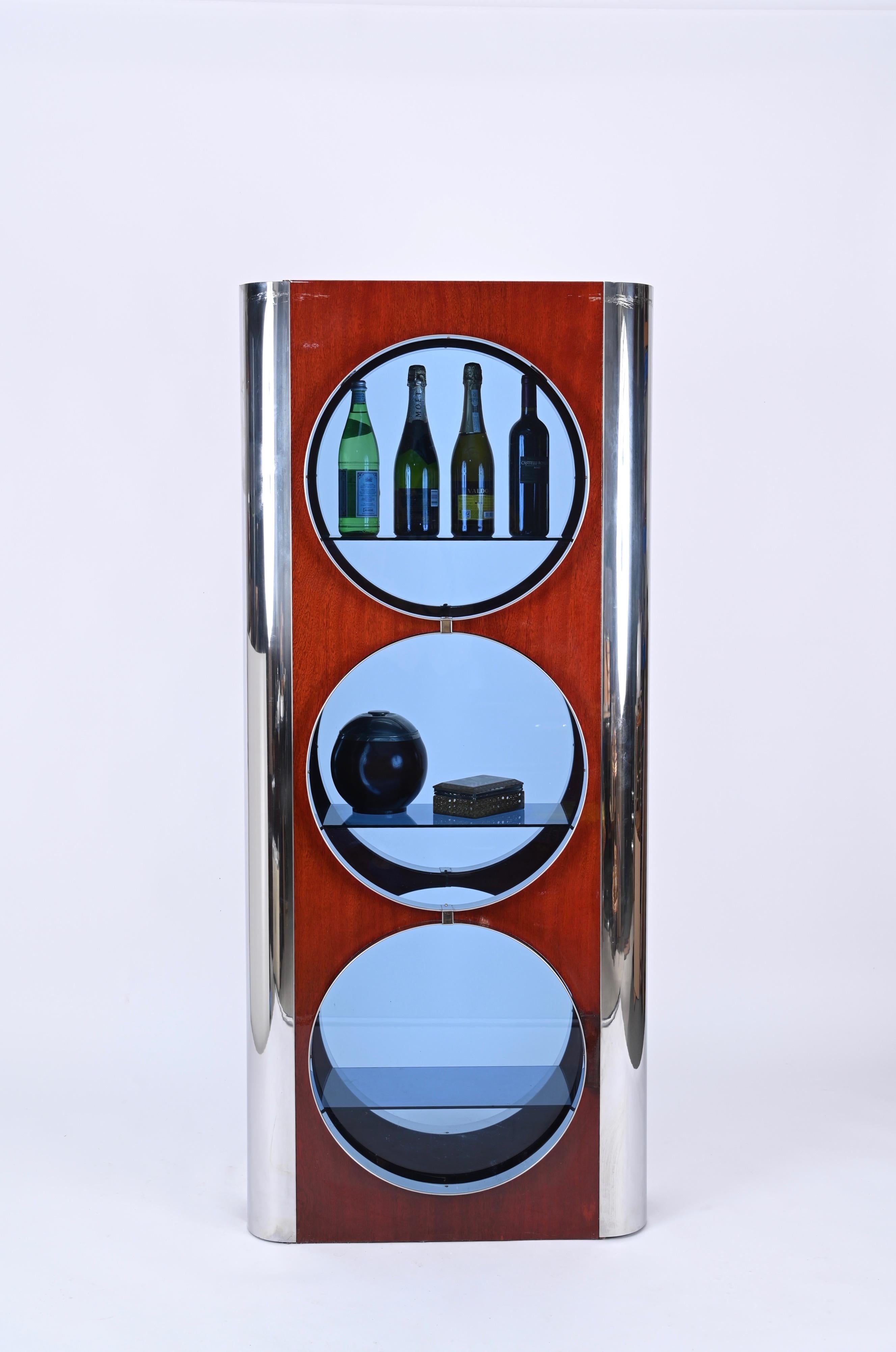 Italian Showcase in Steel, Wood and Blue Glass, Attributed to Willy Rizzo, 1980s 4