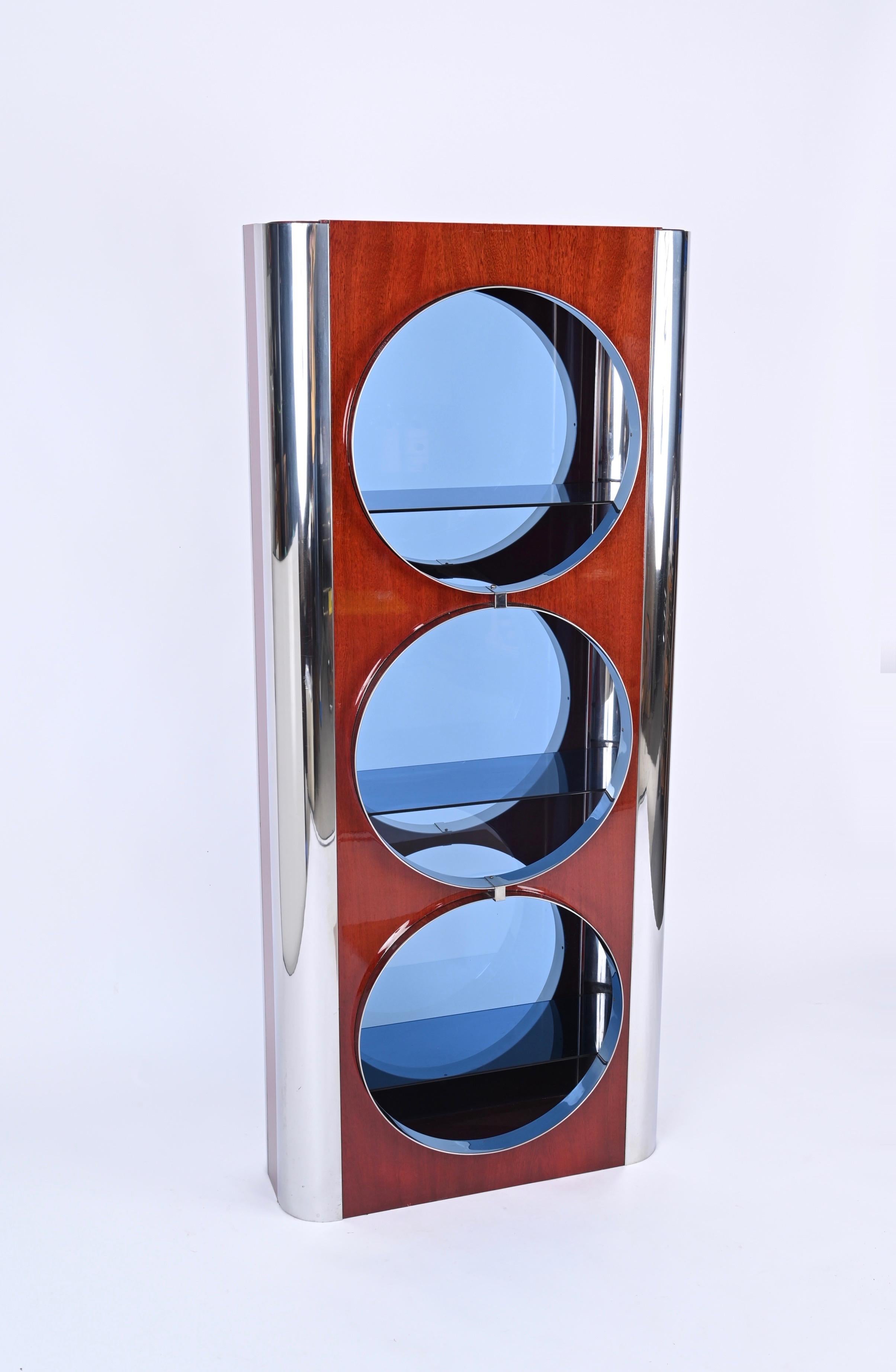 Italian Showcase in Steel, Wood and Blue Glass, Attributed to Willy Rizzo, 1980s 5