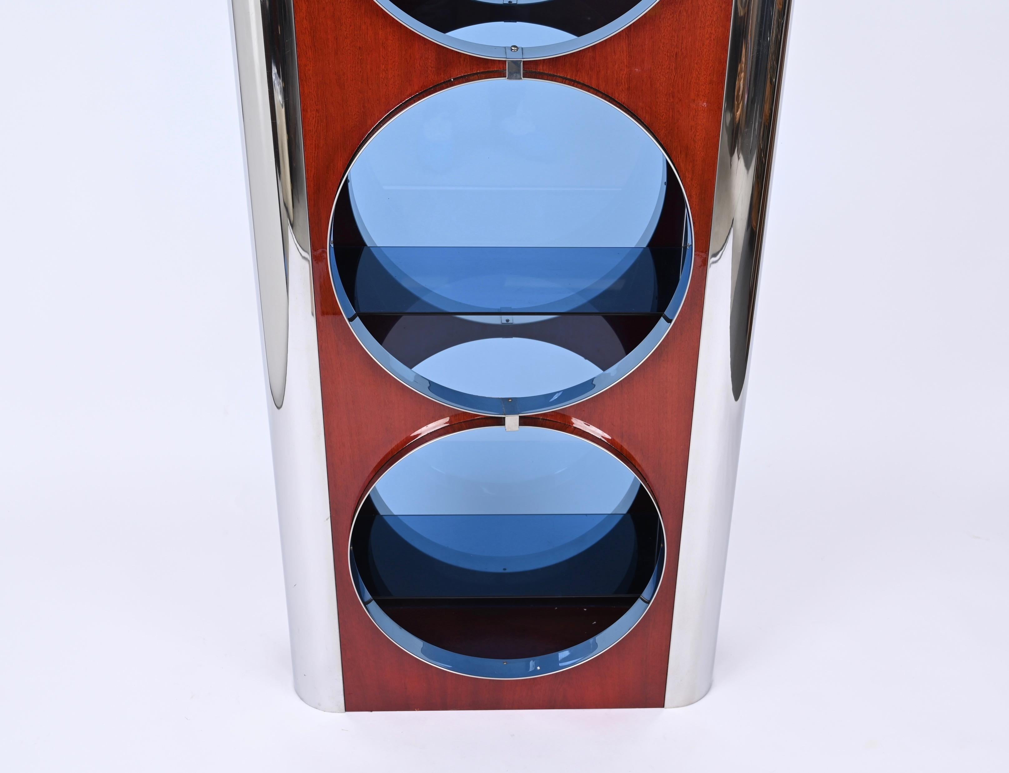 Italian Showcase in Steel, Wood and Blue Glass, Attributed to Willy Rizzo, 1980s 7
