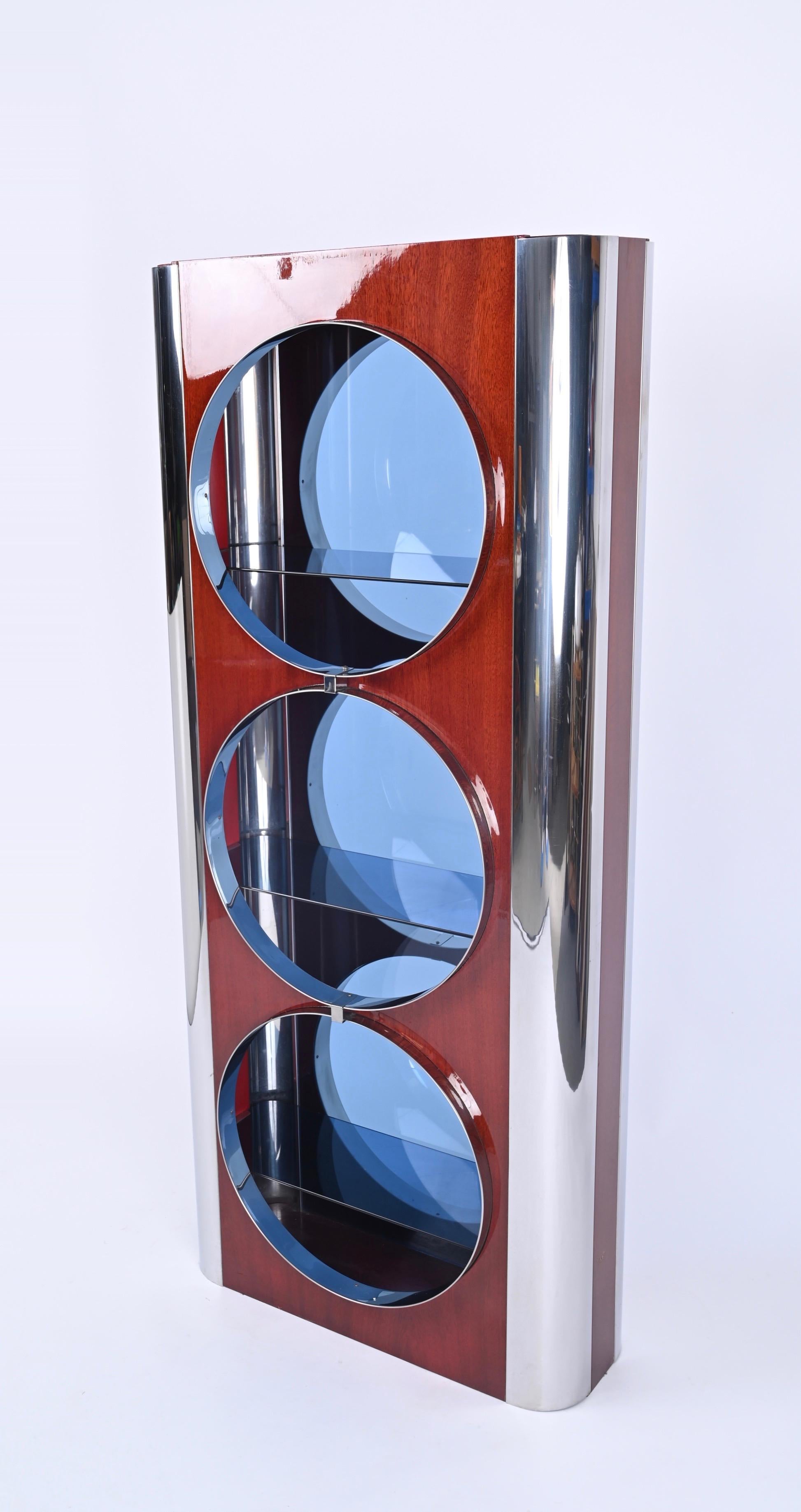 Italian Showcase in Steel, Wood and Blue Glass, Attributed to Willy Rizzo, 1980s 8