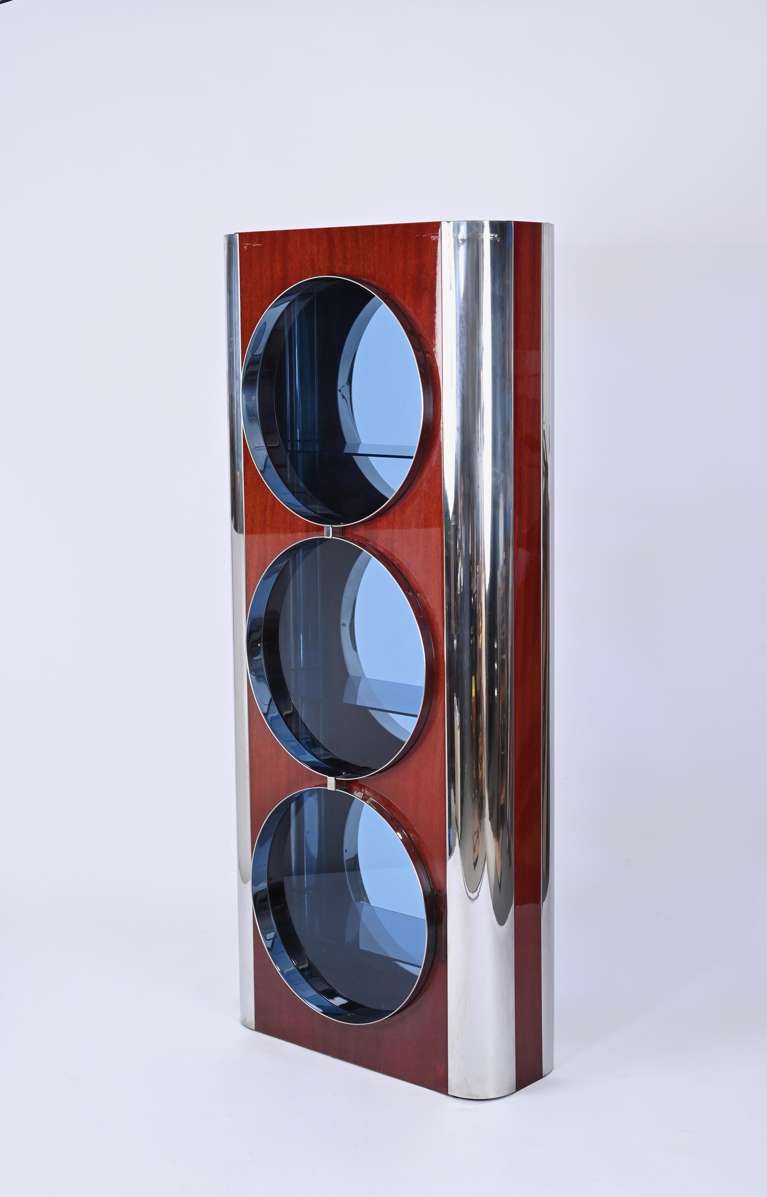 Italian Showcase in Steel, Wood and Blue Glass, Attributed to Willy Rizzo, 1980s 11