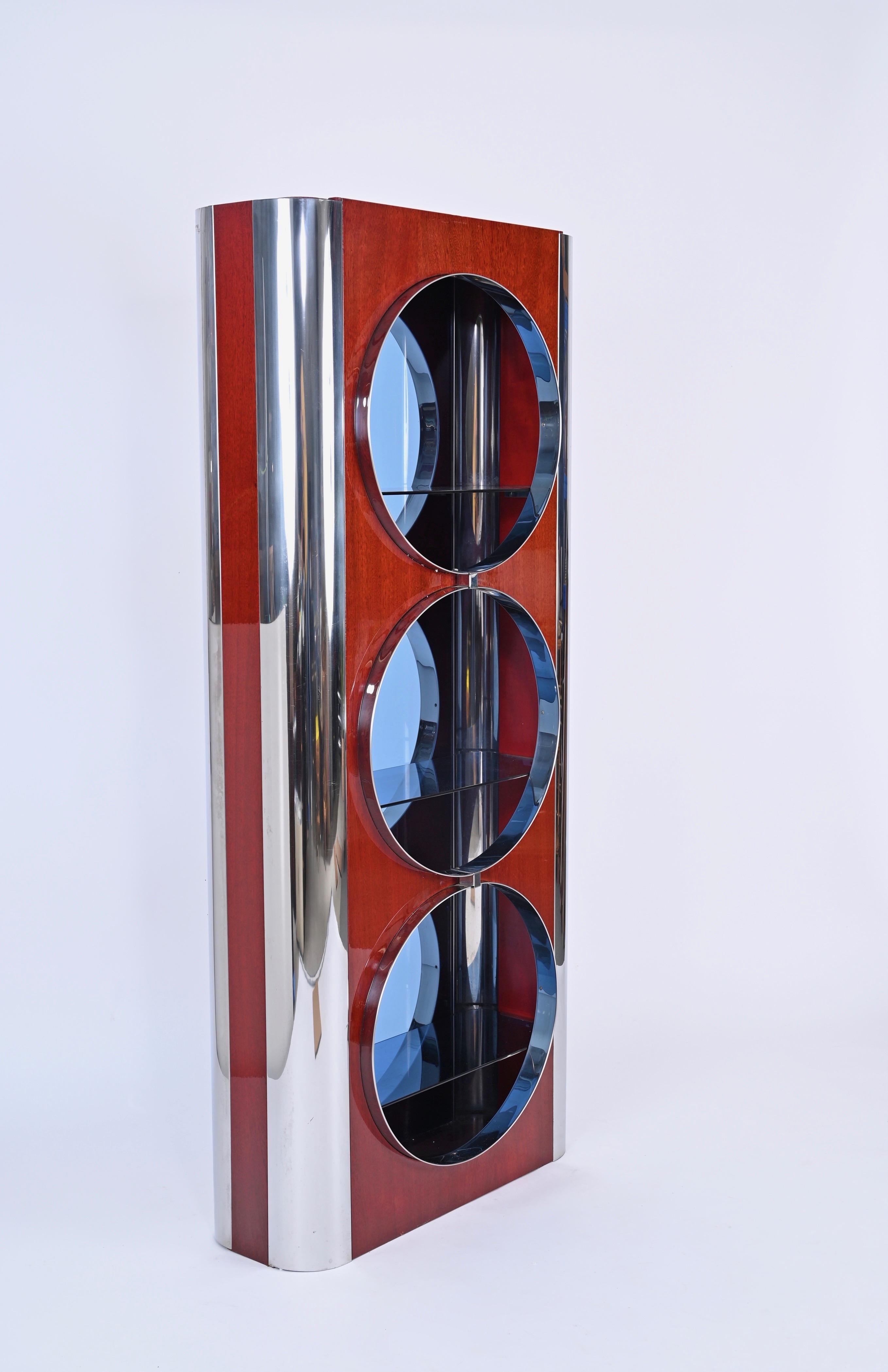 Italian Showcase in Steel, Wood and Blue Glass, Attributed to Willy Rizzo, 1980s 13