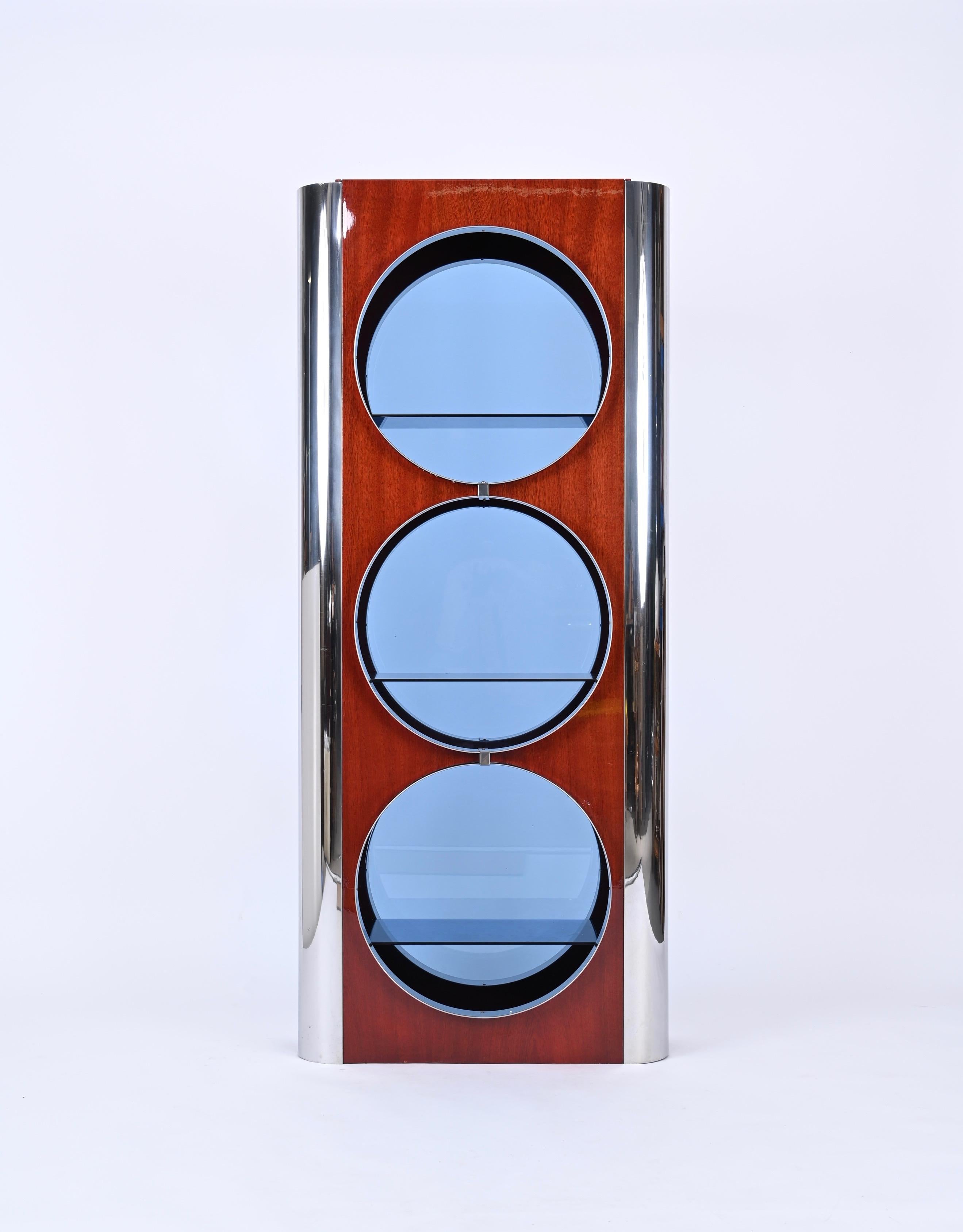 Mid-Century Modern Italian Showcase in Steel, Wood and Blue Glass, Attributed to Willy Rizzo, 1980s