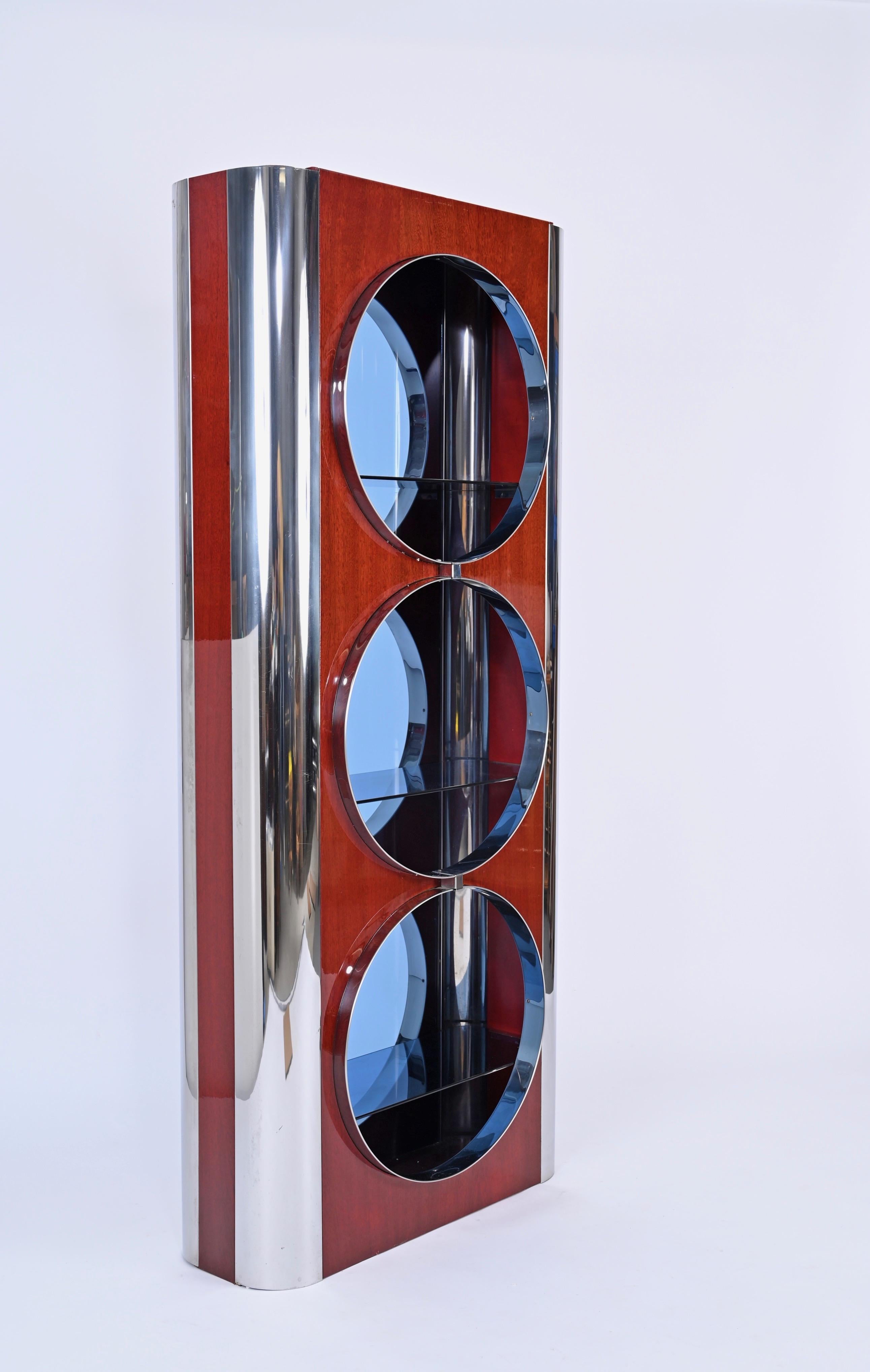 Polished Italian Showcase in Steel, Wood and Blue Glass, Attributed to Willy Rizzo, 1980s