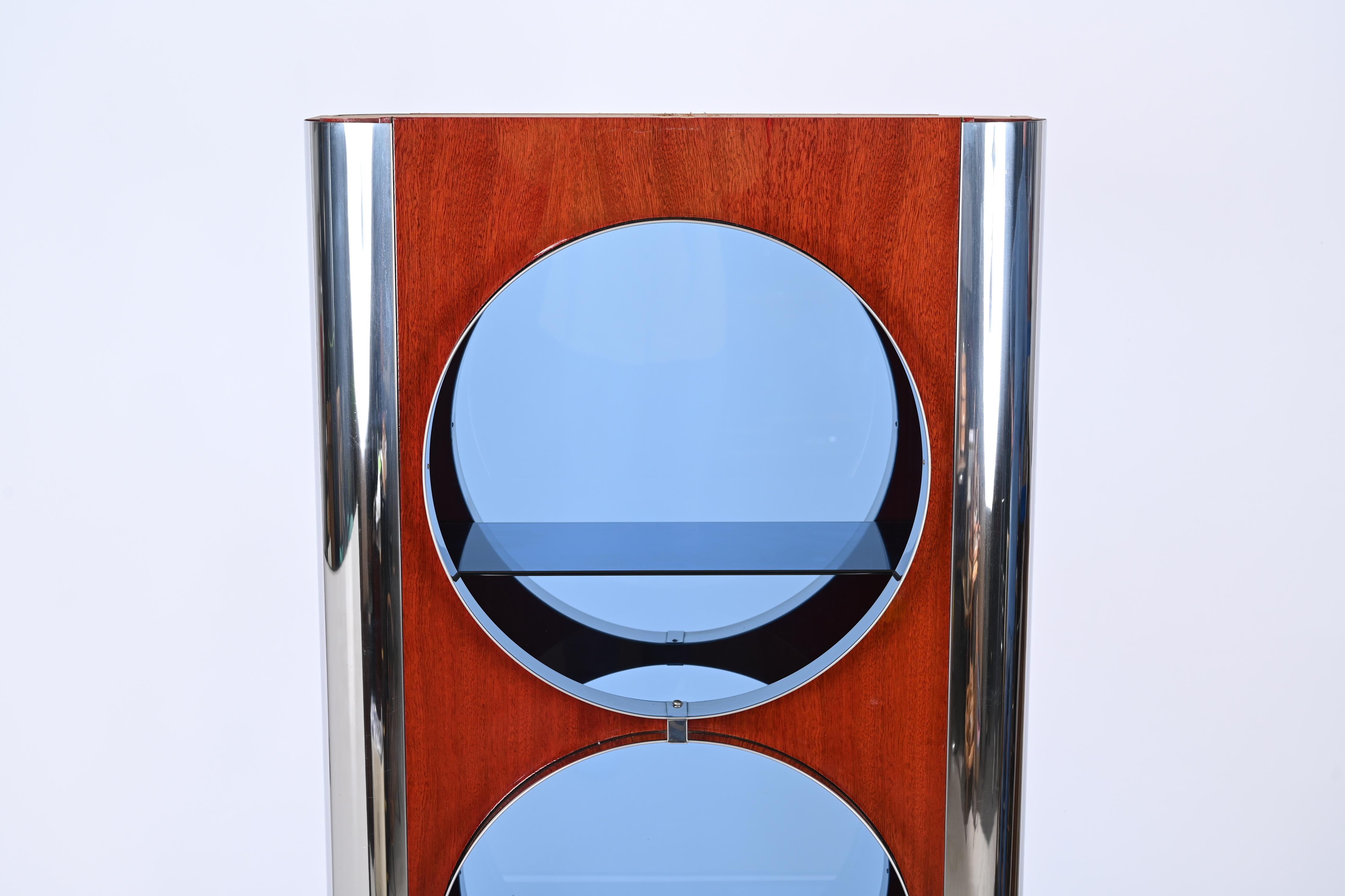 Italian Showcase in Steel, Wood and Blue Glass, Attributed to Willy Rizzo, 1980s In Good Condition In Roma, IT
