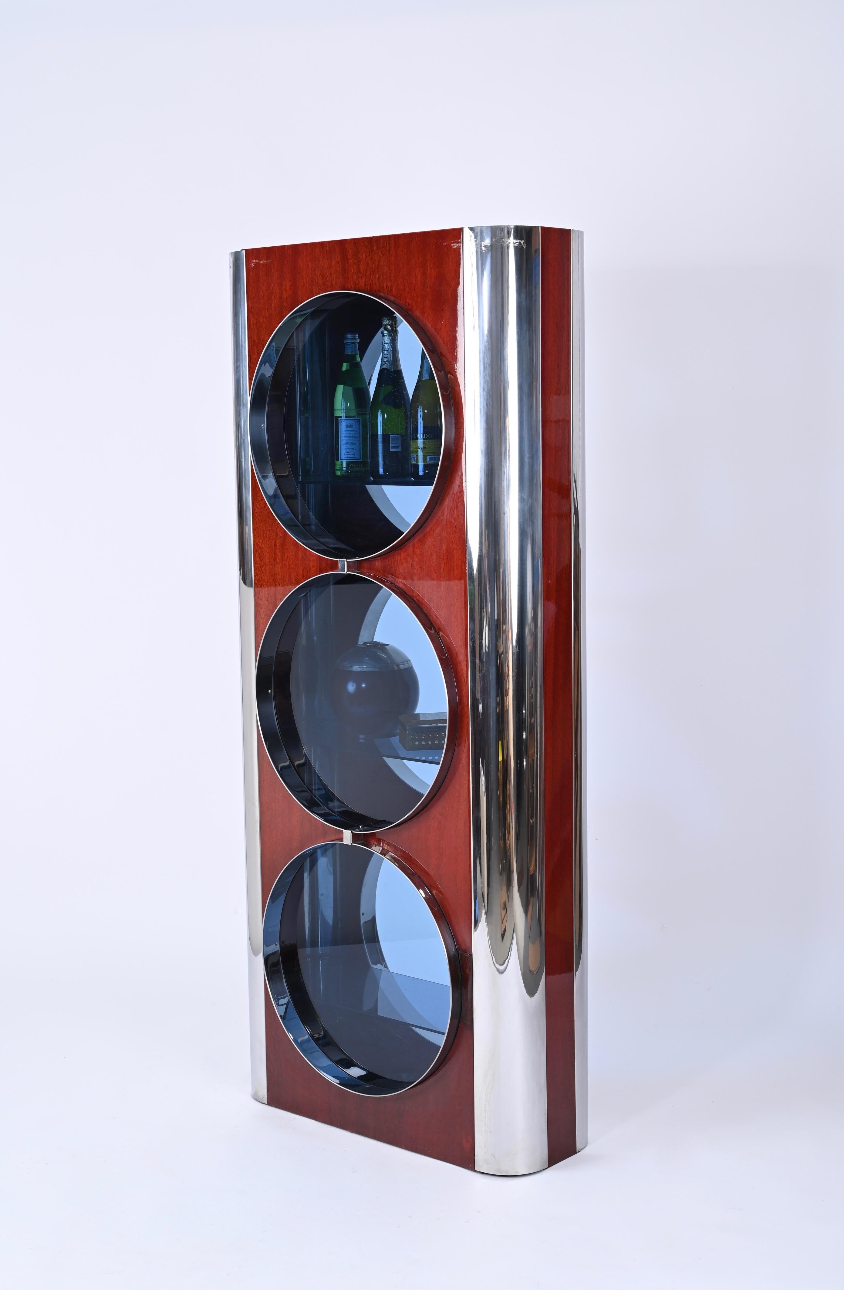 20th Century Italian Showcase in Steel, Wood and Blue Glass, Attributed to Willy Rizzo, 1980s