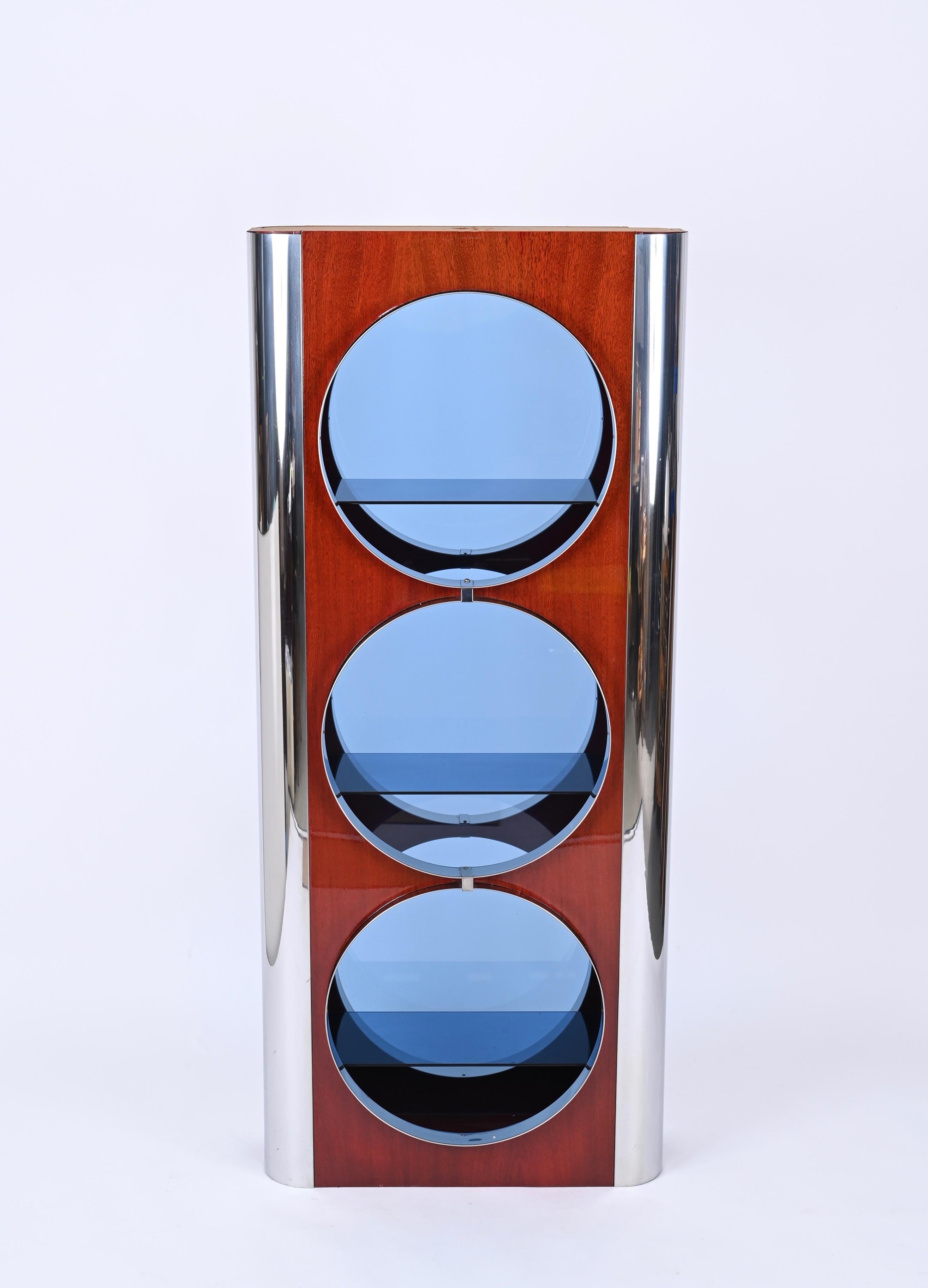Italian Showcase in Steel, Wood and Blue Glass, Attributed to Willy Rizzo, 1980s 1