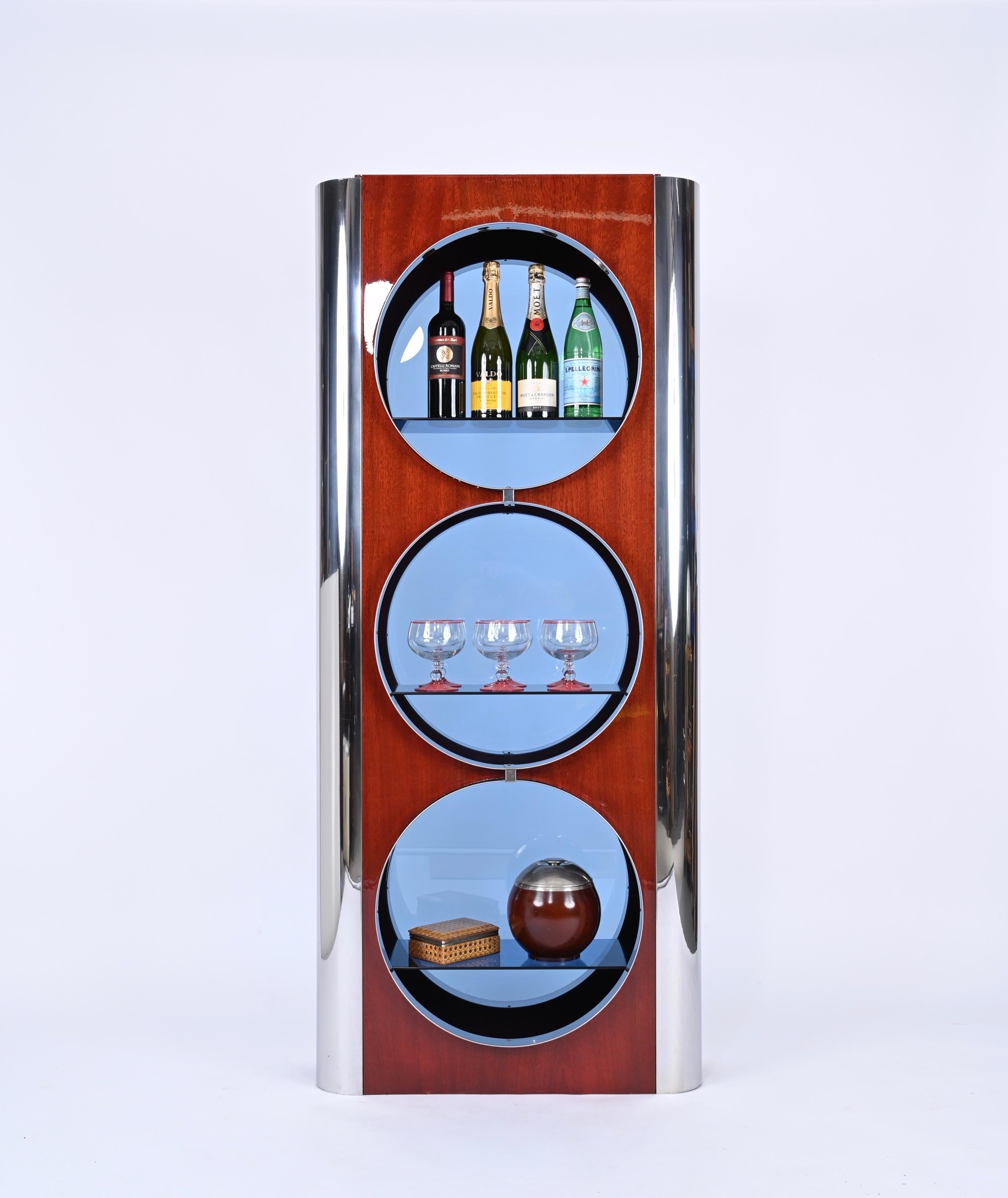 Italian Showcase in Steel, Wood and Blue Glass, Attributed to Willy Rizzo, 1980s 3