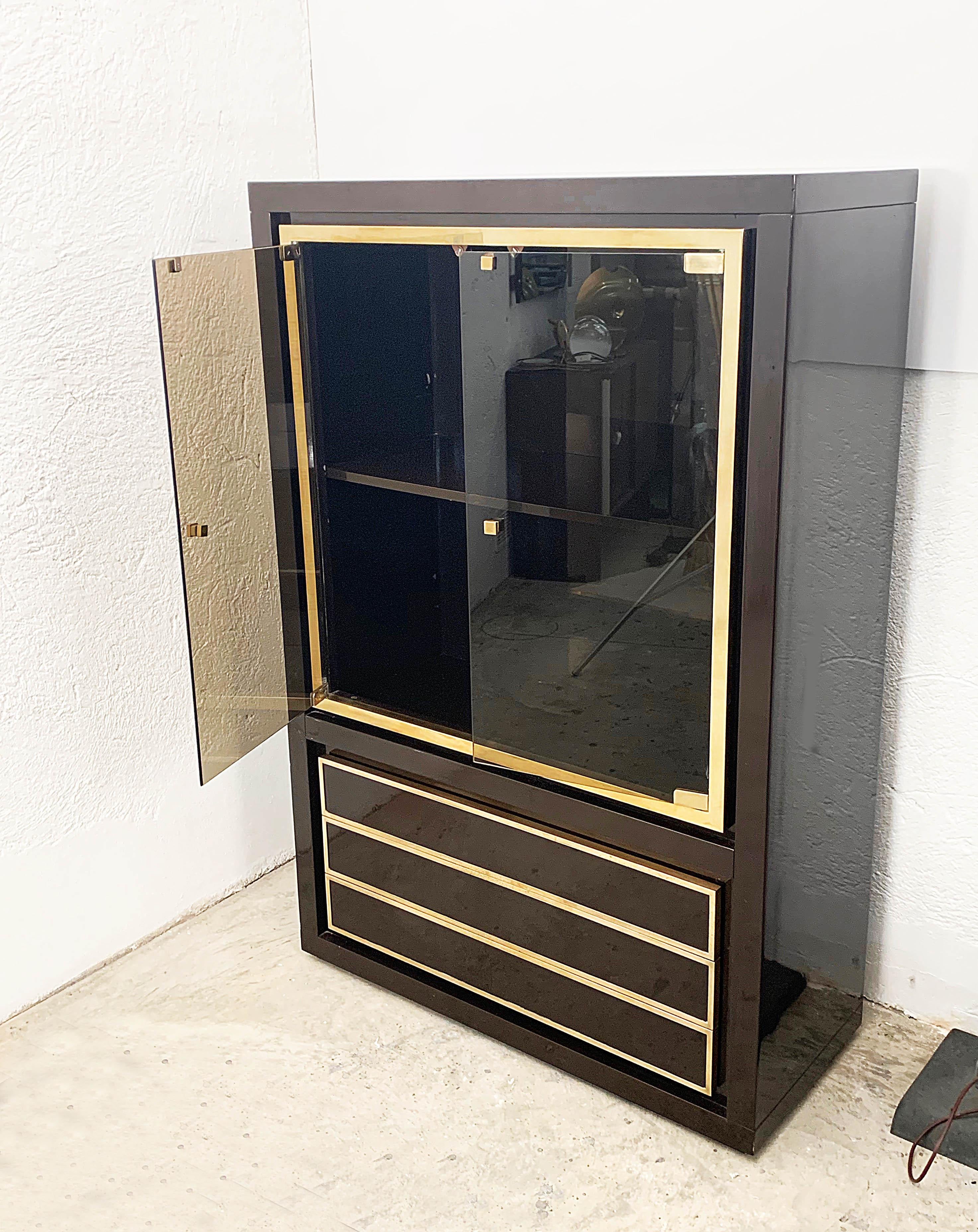 Midcentury Willy Rizzo Dark Brown Lacquered Wood and Brass Italian Cabinet 1980s For Sale 4