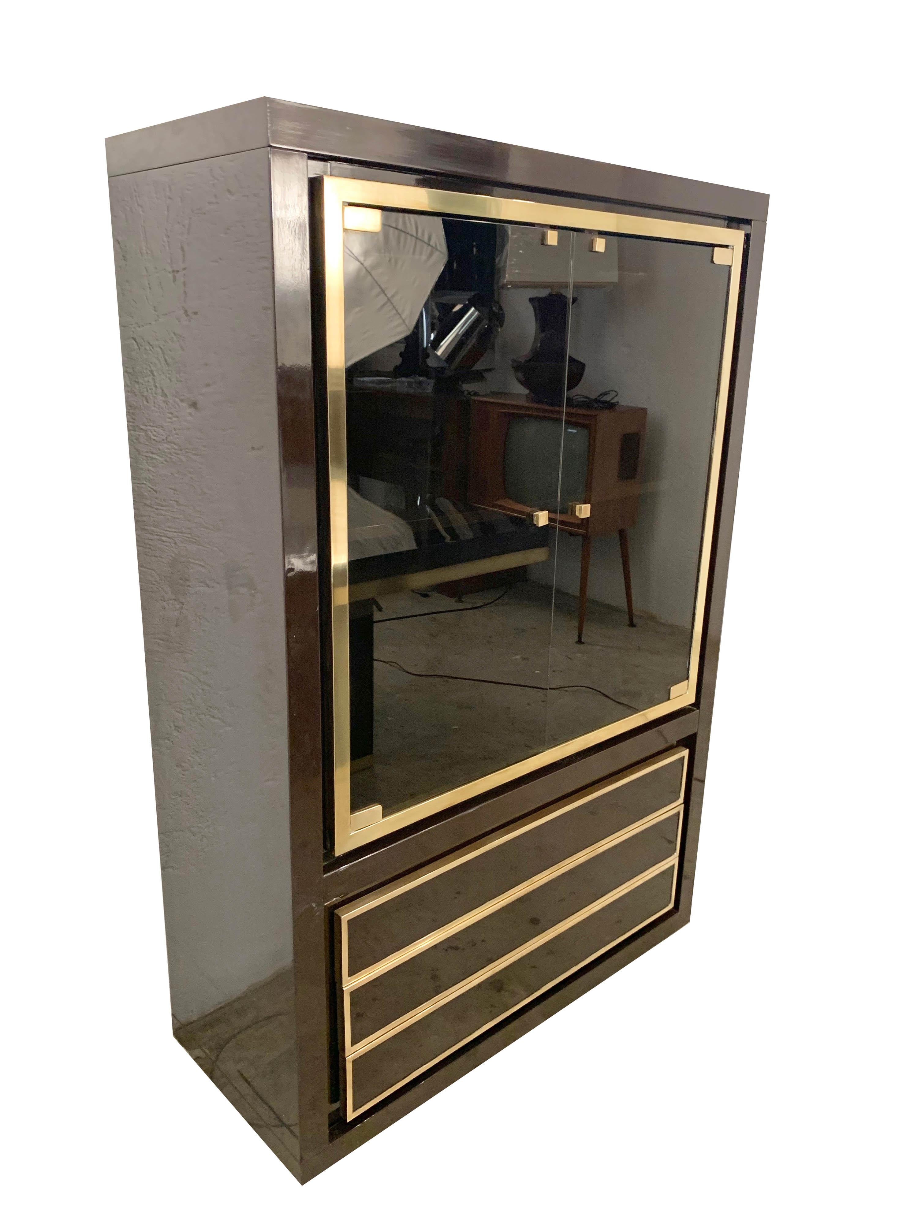 Midcentury Willy Rizzo Dark Brown Lacquered Wood and Brass Italian Cabinet 1980s For Sale 10