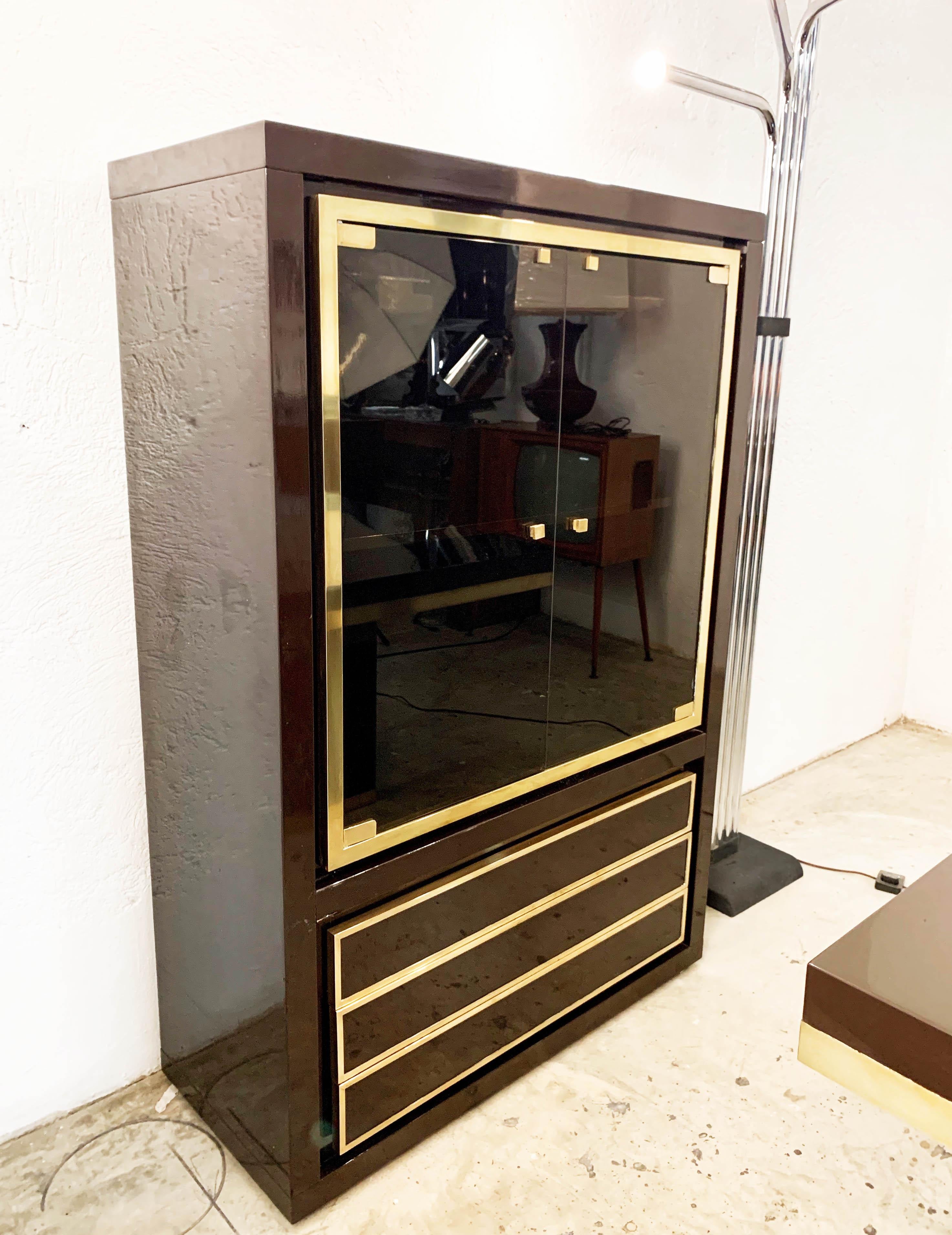 Midcentury Willy Rizzo Dark Brown Lacquered Wood and Brass Italian Cabinet 1980s For Sale 11