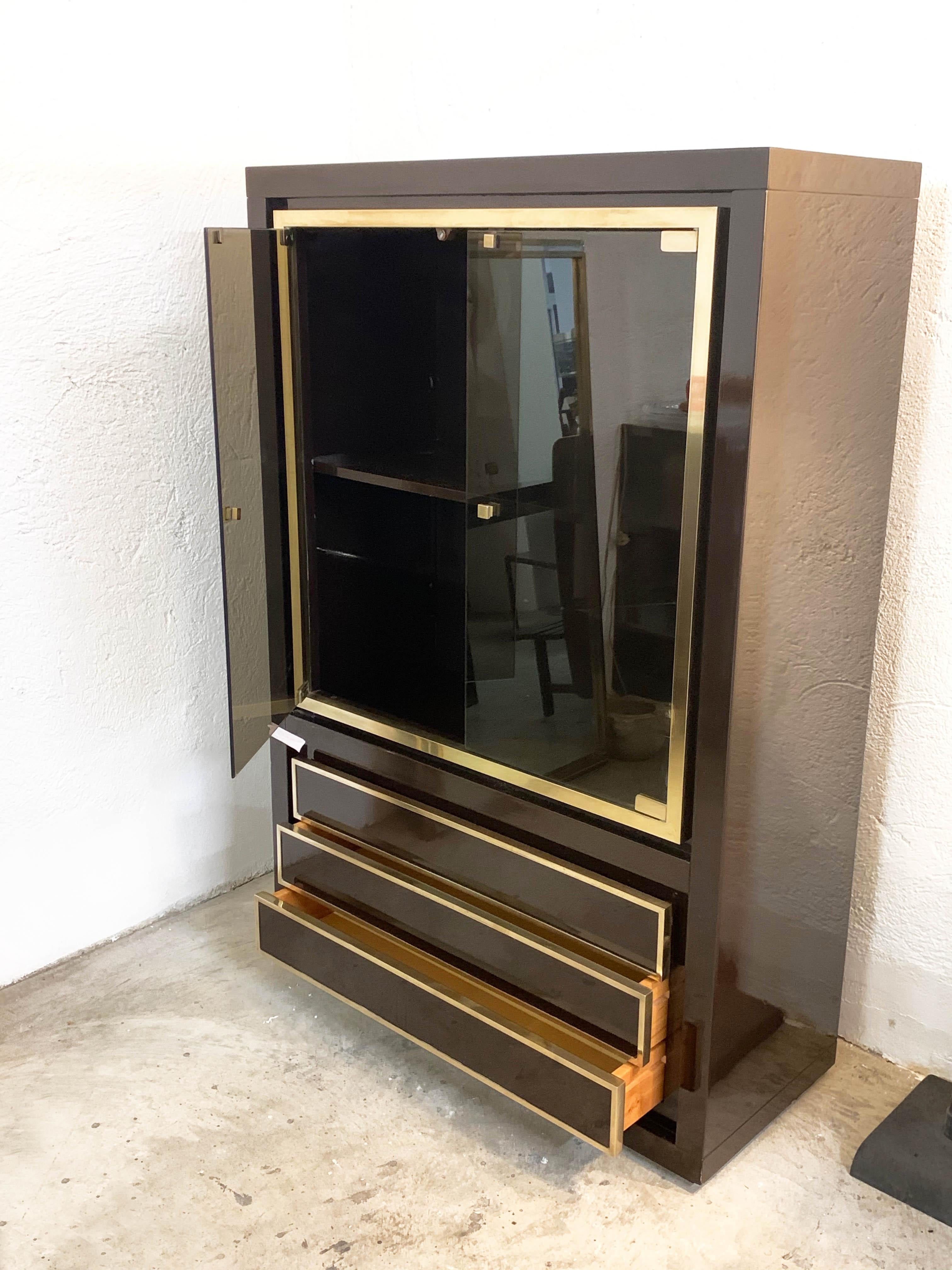 20th Century Midcentury Willy Rizzo Dark Brown Lacquered Wood and Brass Italian Cabinet 1980s For Sale