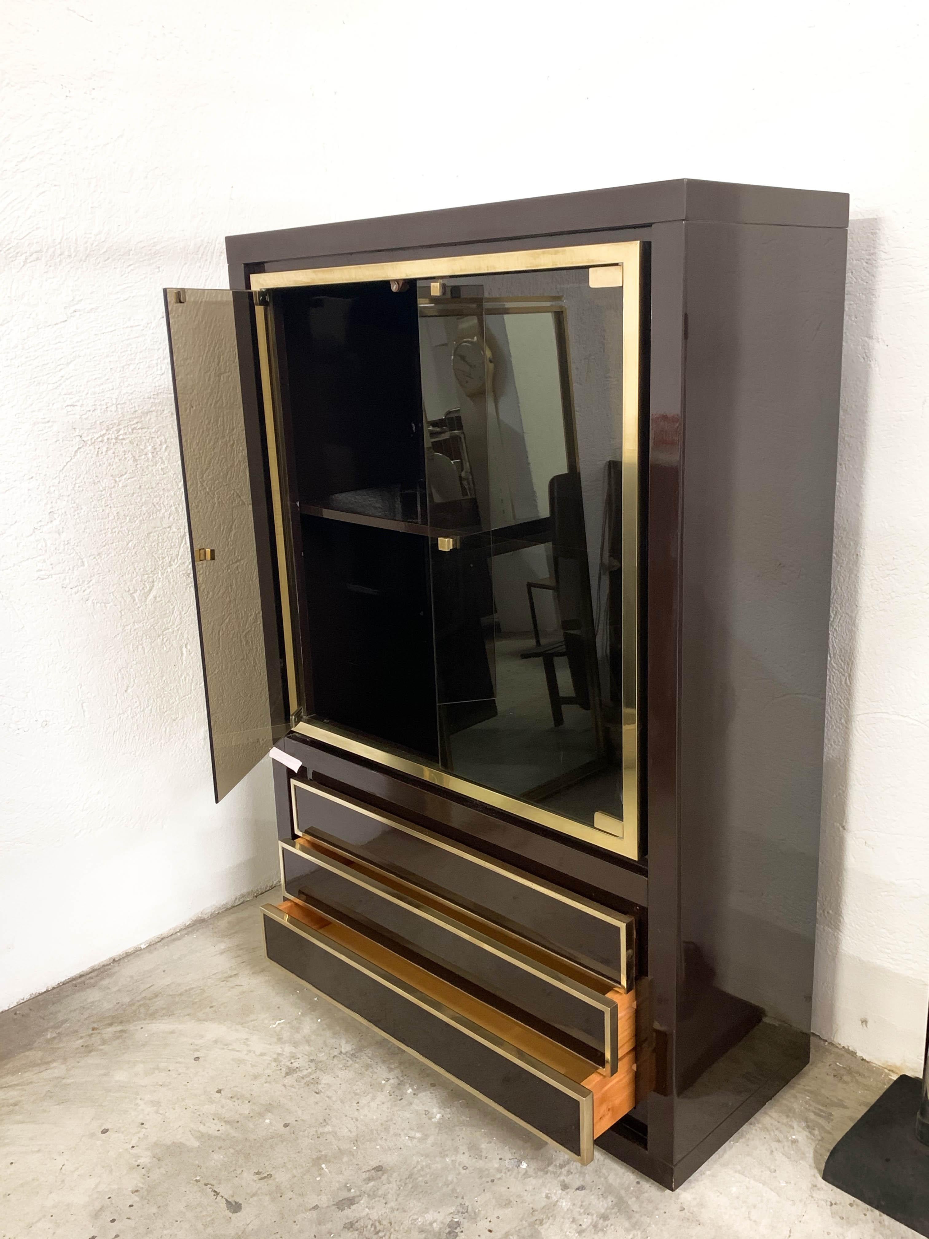 Midcentury Willy Rizzo Dark Brown Lacquered Wood and Brass Italian Cabinet 1980s For Sale 2