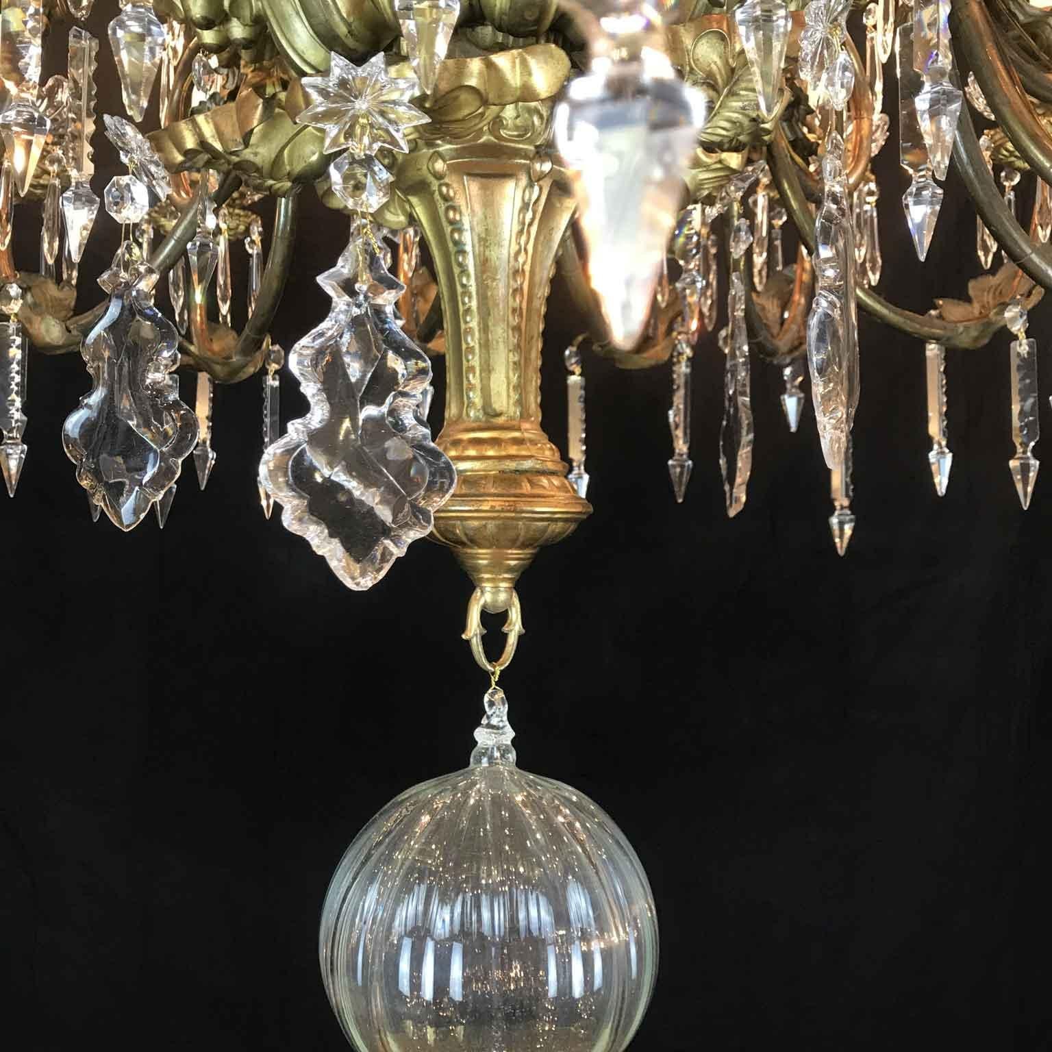 Italian Sicilian 19th Century Large Chandelier Gilt Brass Crystal Thirtysix-Arm 12