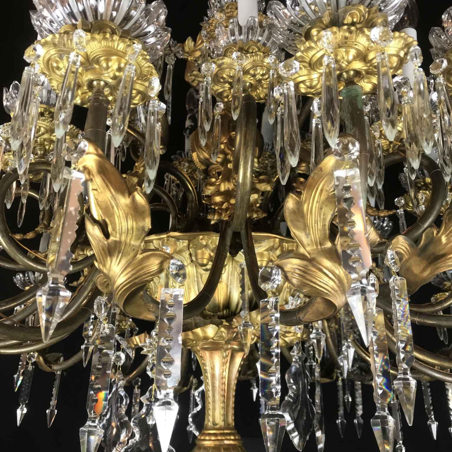 Rococo Italian Sicilian 19th Century Large Chandelier Gilt Brass Crystal Thirtysix-Arm