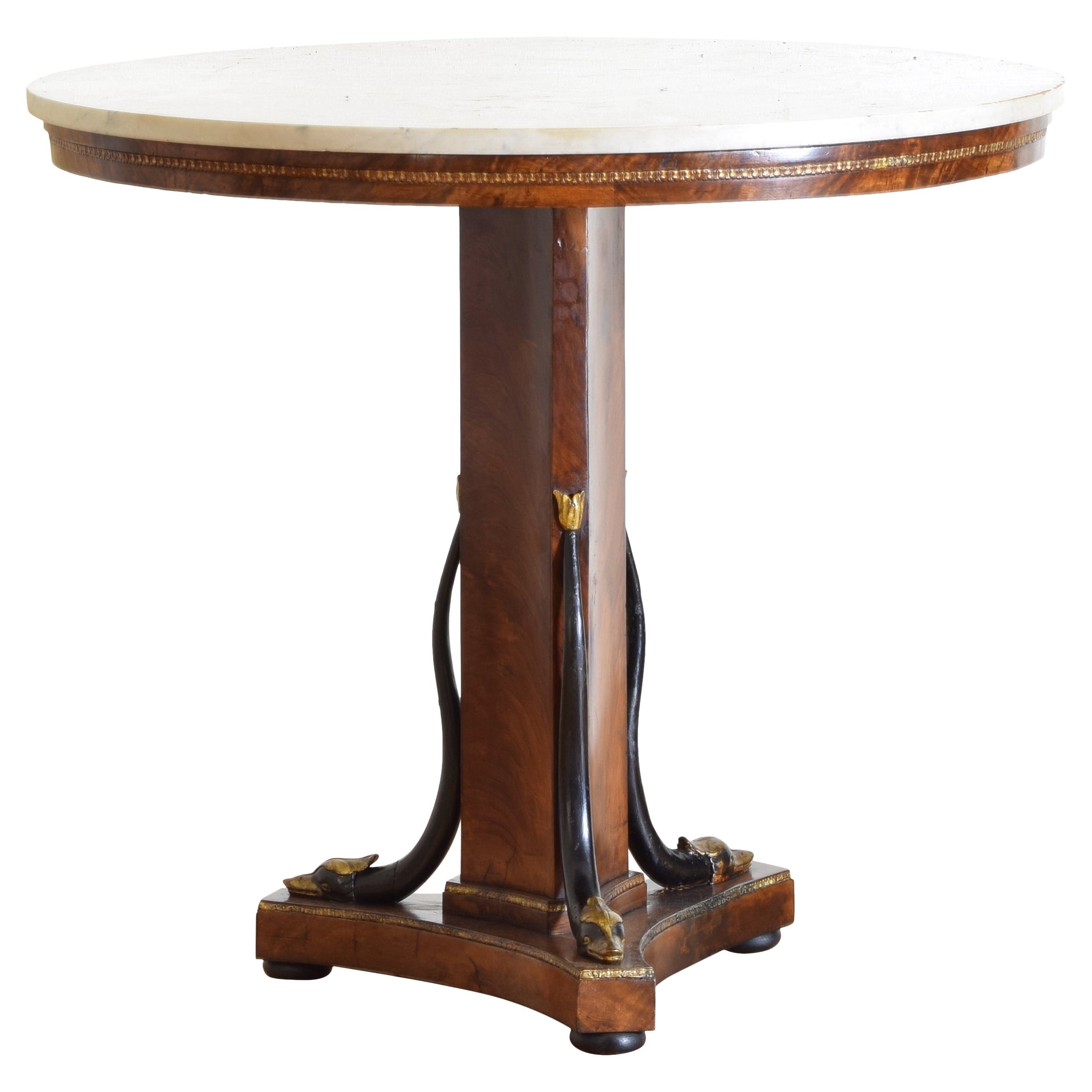 Italian, Sicily, Empire Center Table, Walnut 
Giltwood 
Ebonized, Marble Top