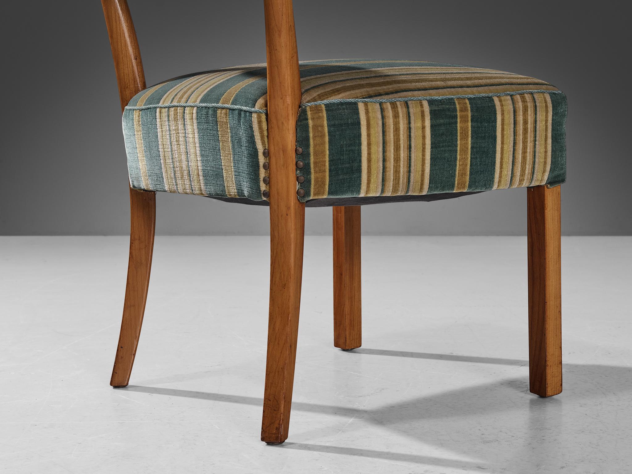 Metal Italian Side Chair in Walnut and Striped Upholstery 