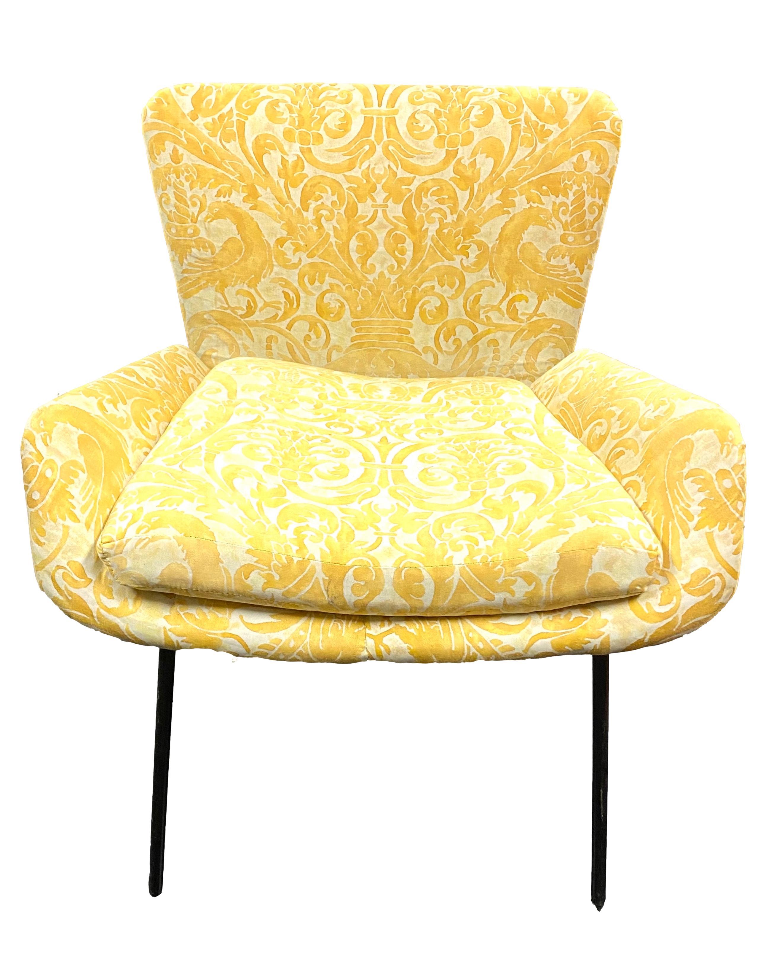 Mid Century iron framed Italian side chair newly upholstered in saffron yellow Fortuny cotton.... 