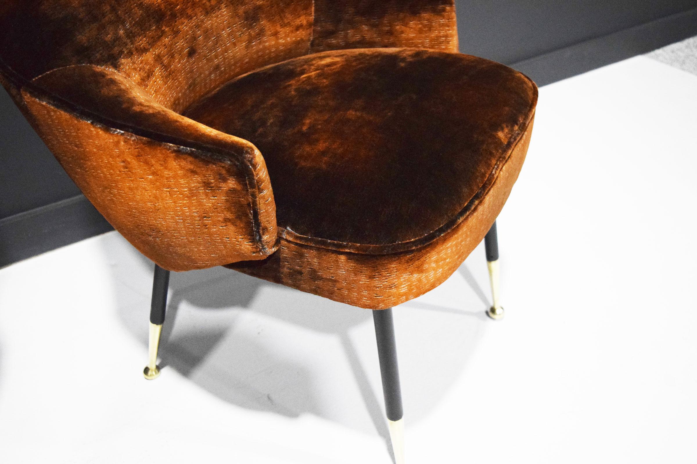 Mid-Century Modern Italian Side Chairs, 1950s, in Parisien Velvet with Brass Tipped Legs For Sale